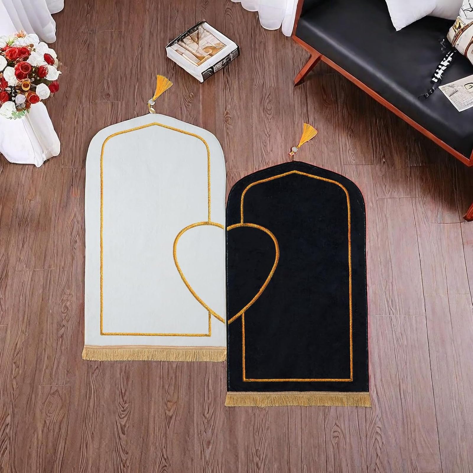 Ensemble de tapis de prière musulmane épais et doux en imitation cachemire pour couples, Ramadan, Aïd, Bayram, cadeau islamique (noir blanc, 80 x 140 cm)