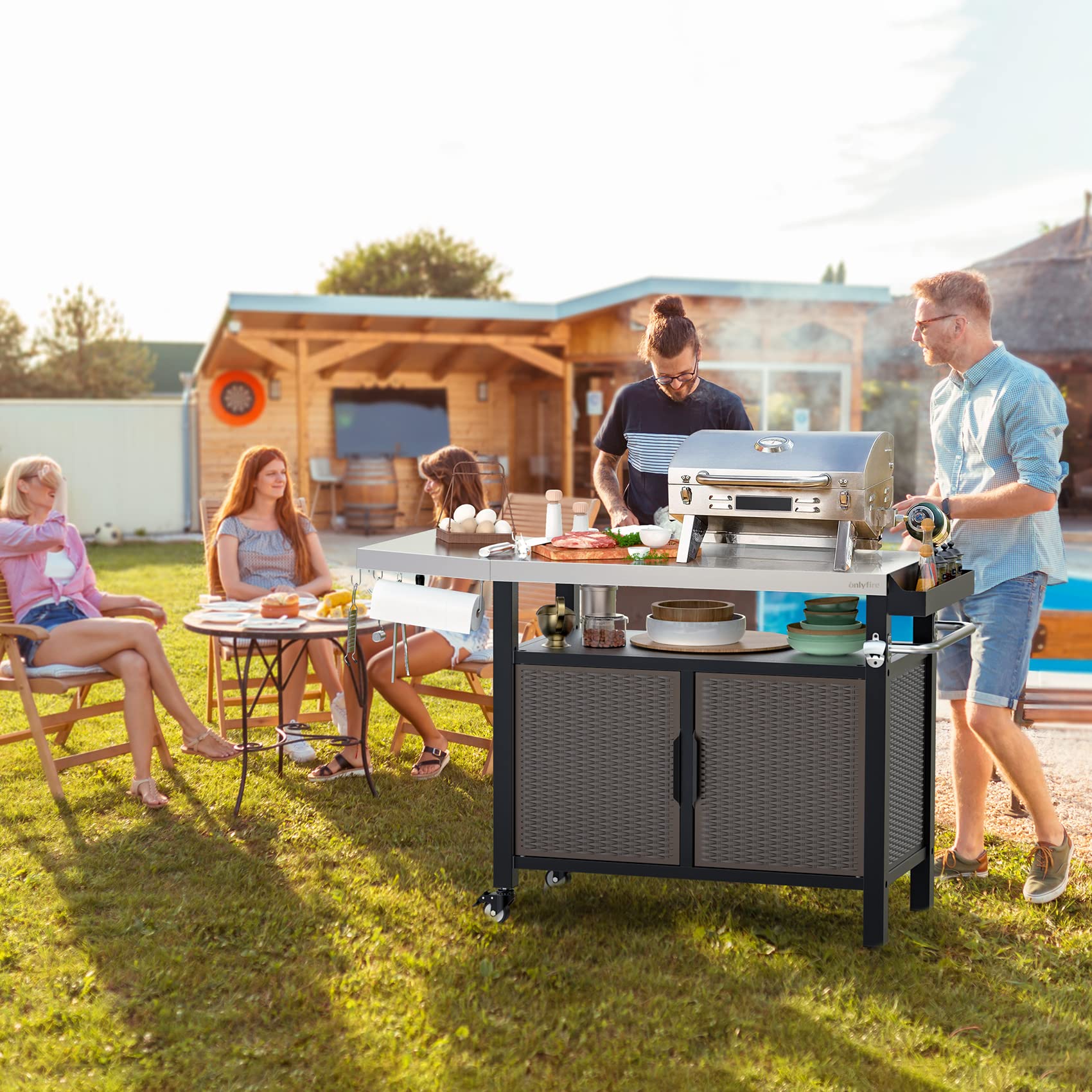 onlyfire Grilltisch, Grillwagen mit Großer Arbeitsfläche, Servierwagen mit Rollen, Grill Beistelltisch mit Abklappbare Seitenablagen, Edelstahl Tischplatte, BBQ Beistellwagen, 143.5 × 56 × 91 cm