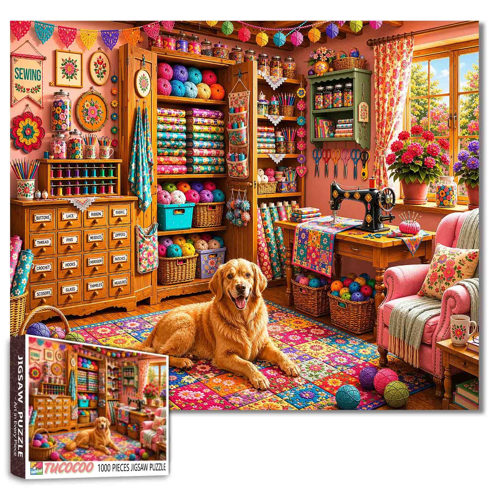 1000 Piece Jigsaw Puzzles for Adults Dog Jigsaw Puzzle Sewing Room 1000 Pieces Puzzles hobby room scene Decor DIY Craft Bedroom Decor Handmade Puzzle Art