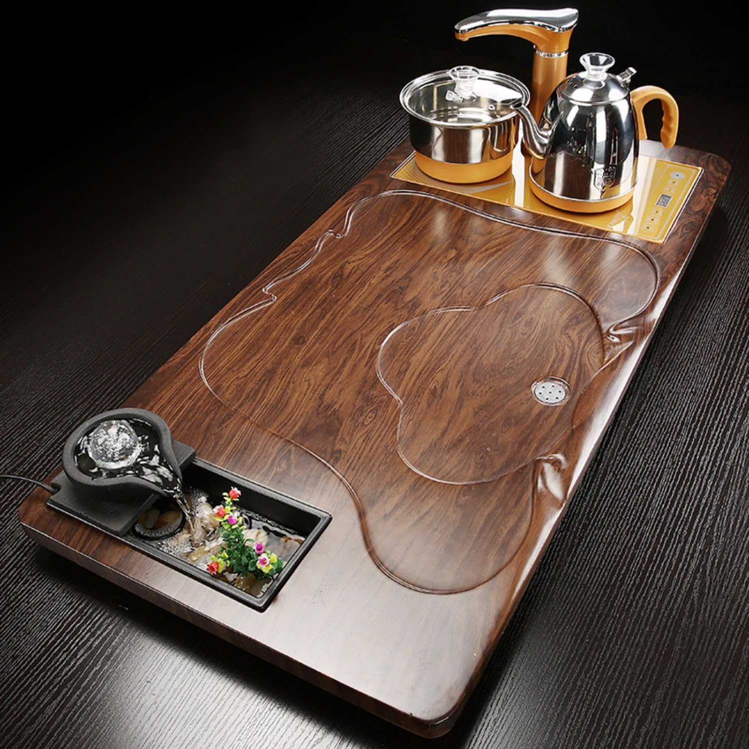 MOYEE 流水茶盘 Chinese Gongfu Tea Tray 茶具 Gongfu Tea Table Set Teapot Set 套装家用客厅泡茶海 Solid Wood Tea Tray 实木茶台 Fully Automatic Tea Set,全自动一体托盘办公会客 A1348