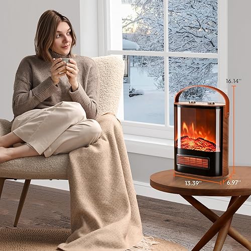 Miniatura 6 de ROVSUN Estufa de chimenea eléctrica de 1500W con efecto de llama realista, mini calentador de mesa portátil independiente de 16 pulgadas de alto con