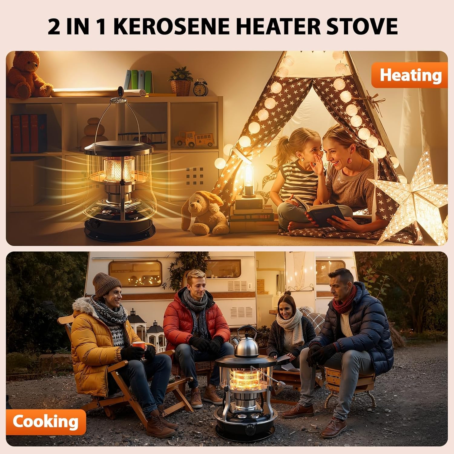 Portable Kerosene Heater for Indoor Use - 9000 BTU Non Electric Heaters for Indoor, 2-in-1 Emergency Heater for Power Outage, Camping, Cooking - Cordless Space & Indoors Safe Propane Black