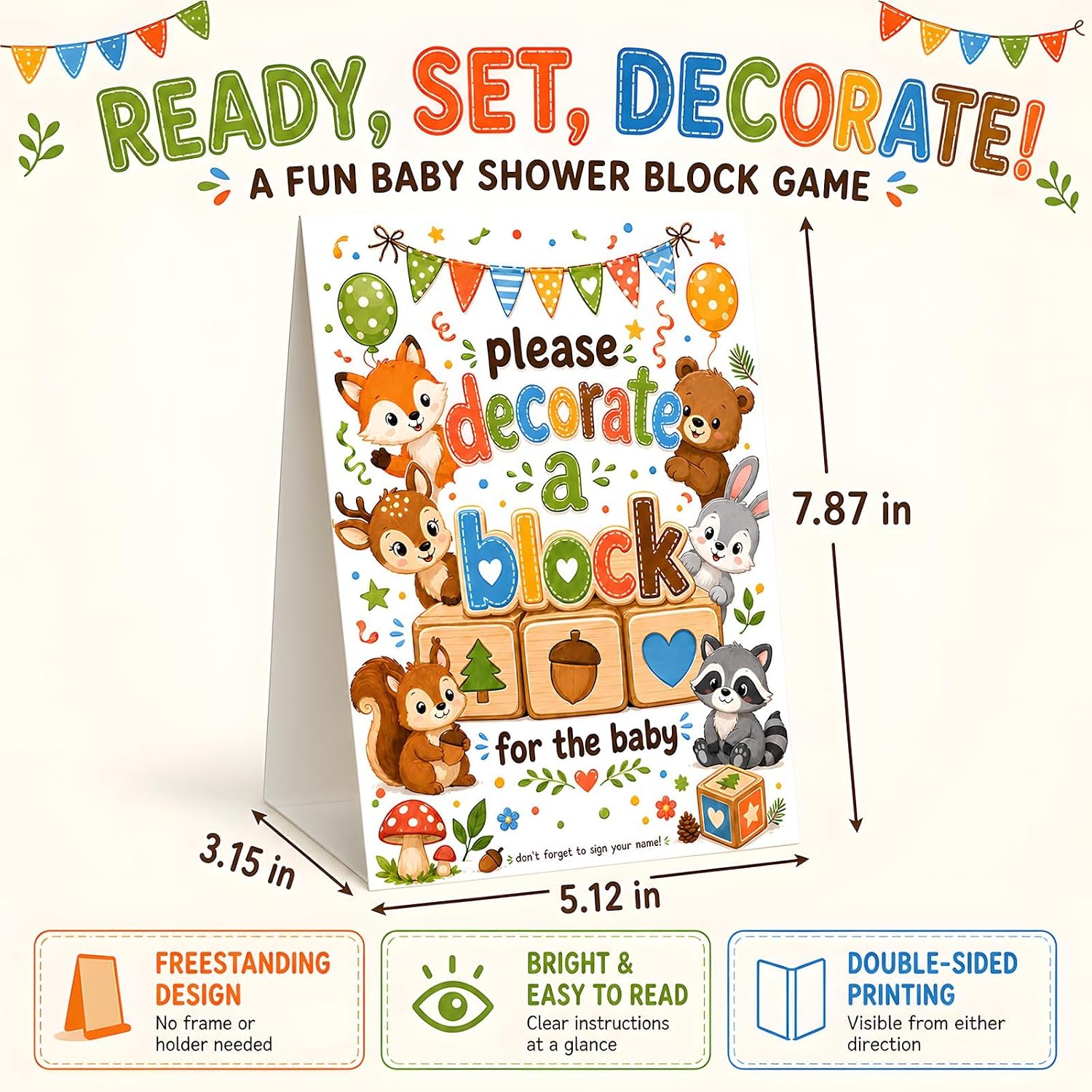 Baby Shower Games, 117-Piece Baby Blocks for Baby Shower with 52 Wooden ABC Blocks to Decorate, 24 Acrylic Markers, 40 Stencils and Game Sign, Woodland Gender Reveal Game for Boy or Girl