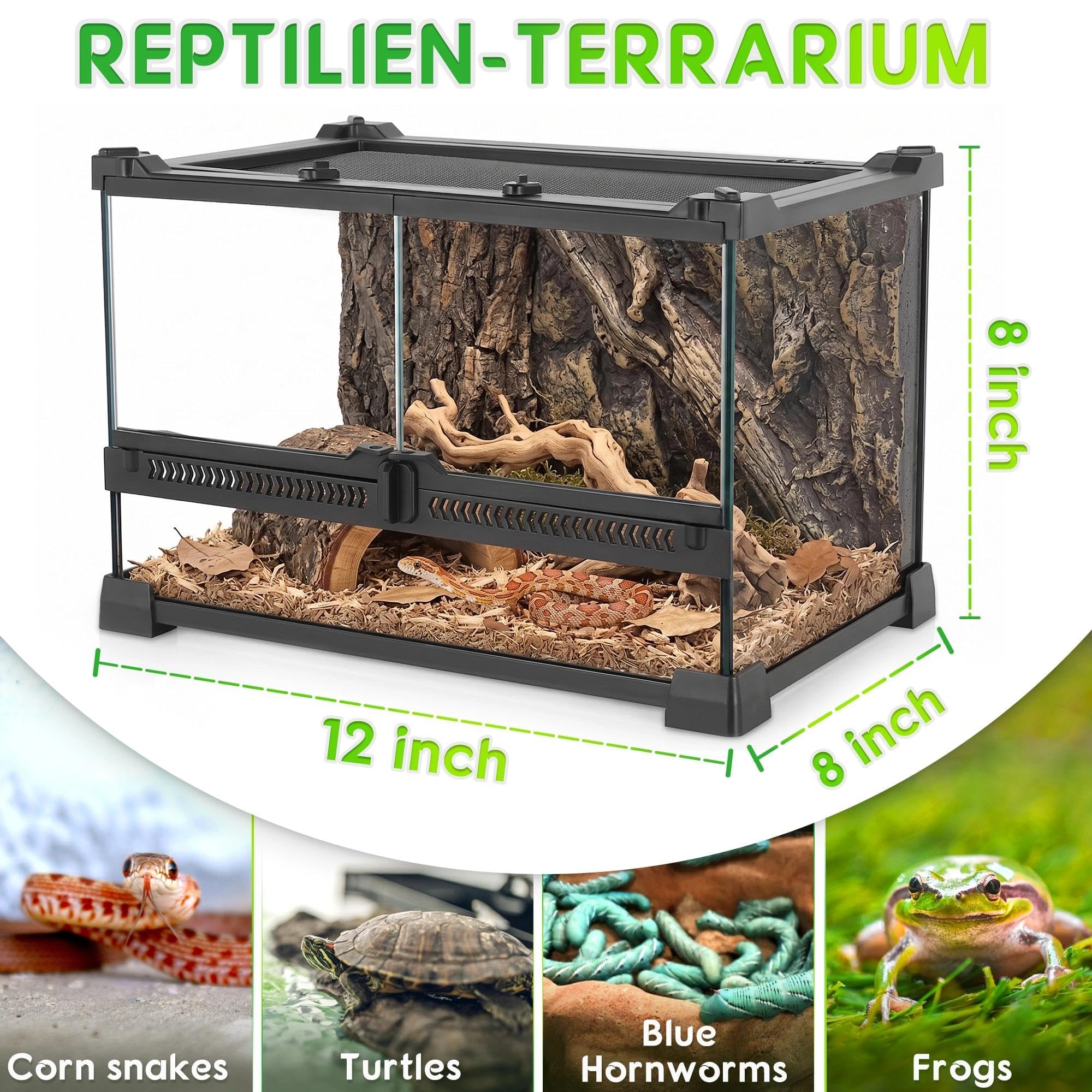 Terrario de vidrio profesional de 12 x 8 x 8 pulgadas, tanque de hábitat duradero para reptiles con marco de aleación de aluminio resistente al calor, puertas giratorias frontales dobles