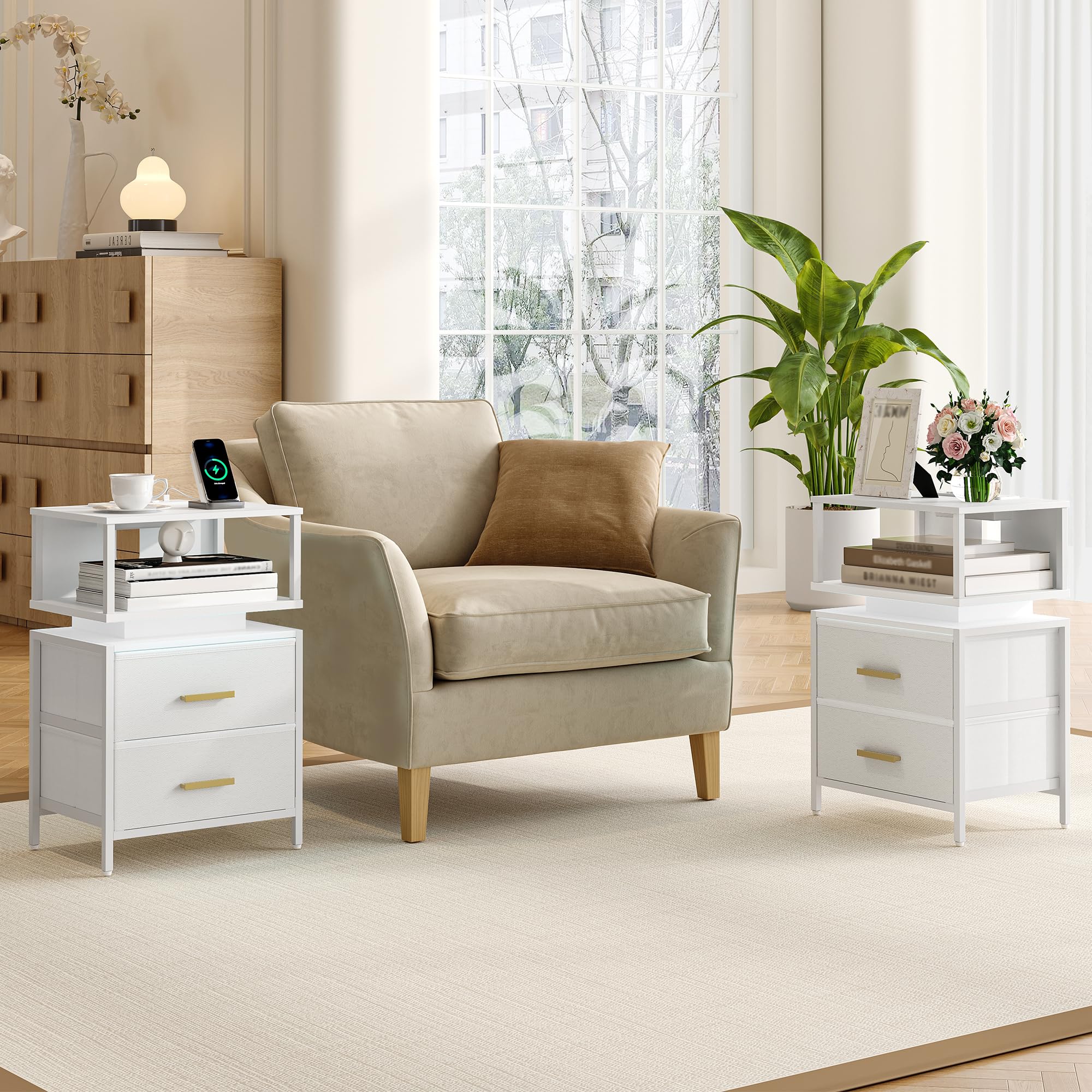 HEXCELEN Table de Chevet, Lot de 2, Table de Chevet Éclairée, 2 Tiroirs et Compartiment Ouvert, Tables d’appoint avec Ports USB et Prises, pour Chambre à Coucher, Salon, 30,1 x 40,2 x 62,1 cm Blanc
