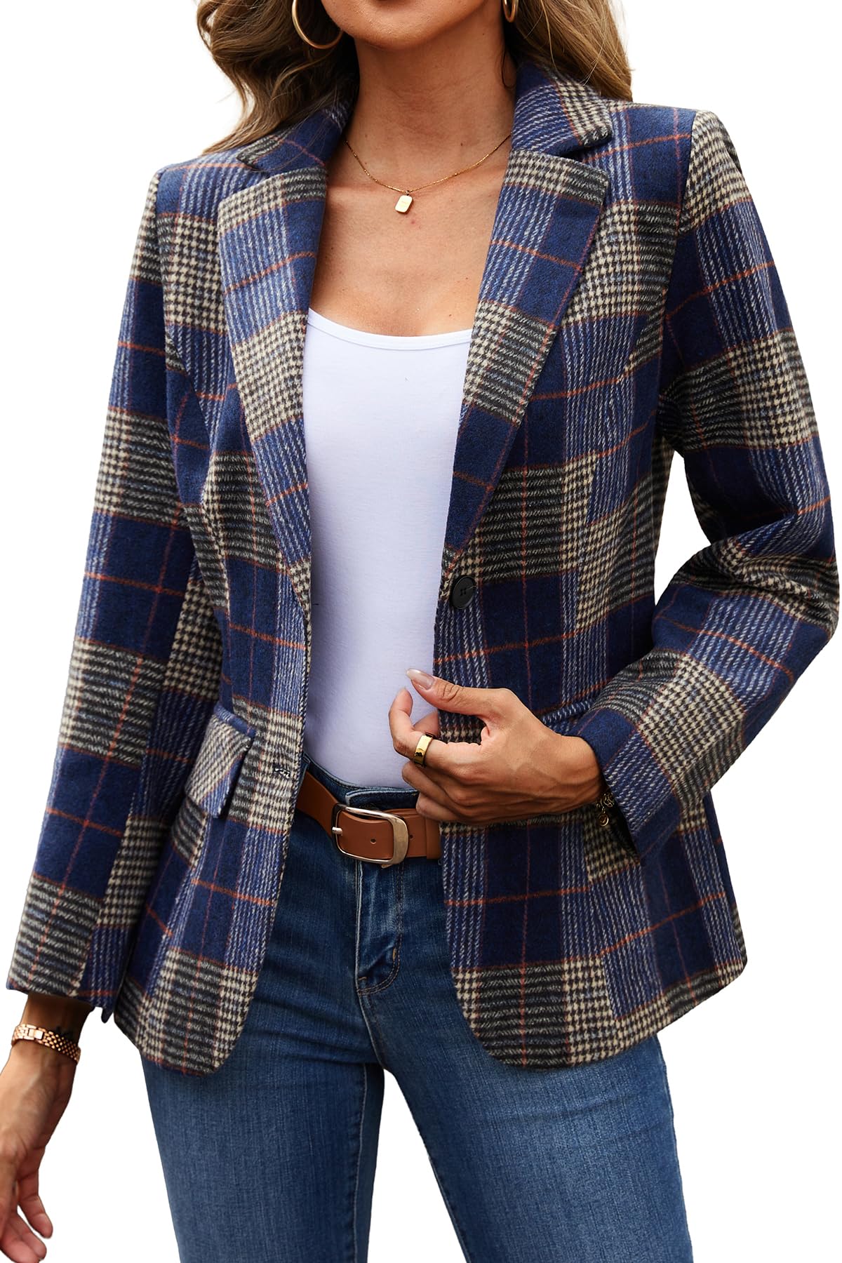 ELLEVEN Womens Lapel Collar Plaid 2 Button Boyfriend Blazer Suit Houndstooth Work Office Blazer Jacket