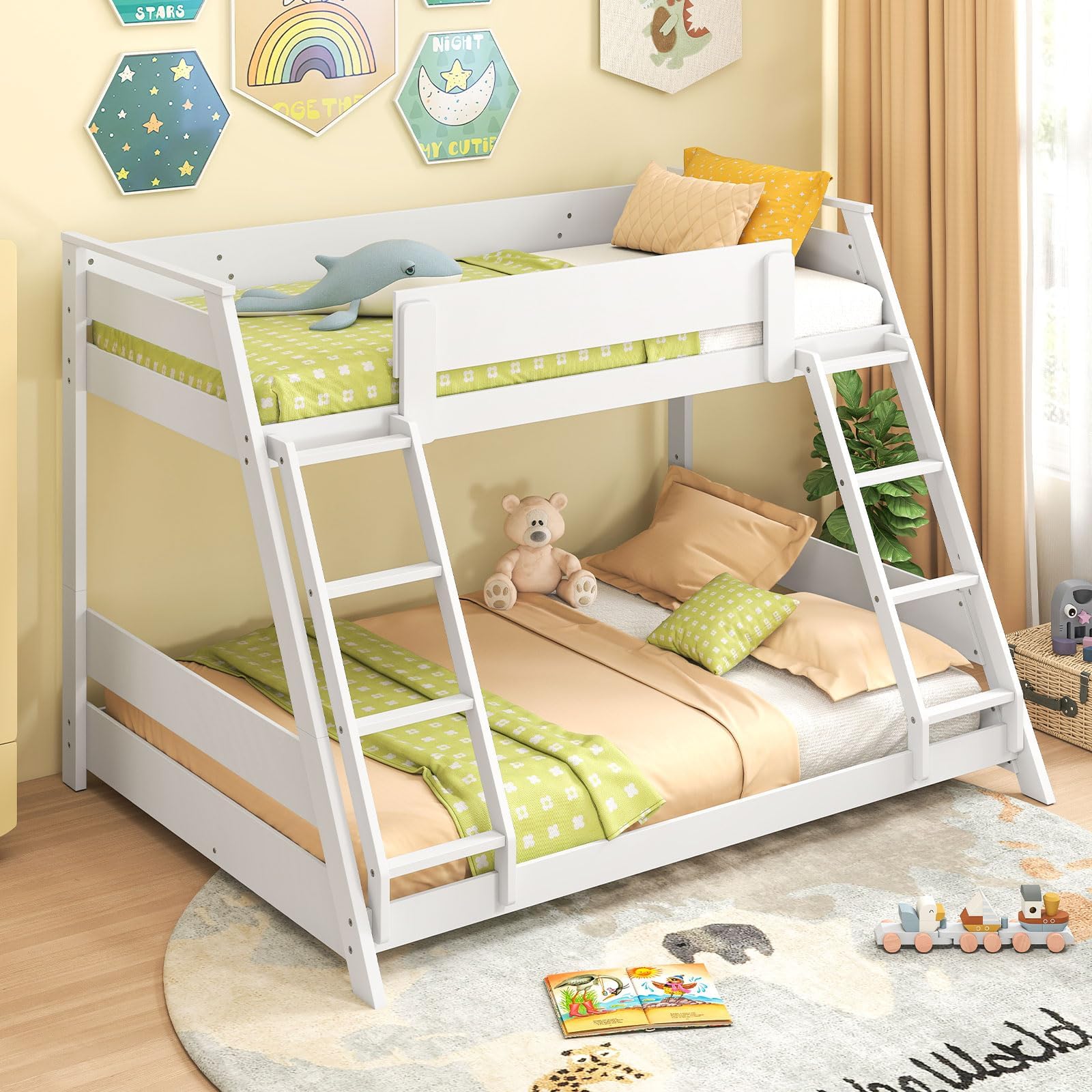 GYMAX Double Bunk Bed, Wooden Loft Beds with 2 Ladders and Guardrails, Single Over Double Bed Frame for Kids Adults (White, 199 x 155 x 141 cm)
