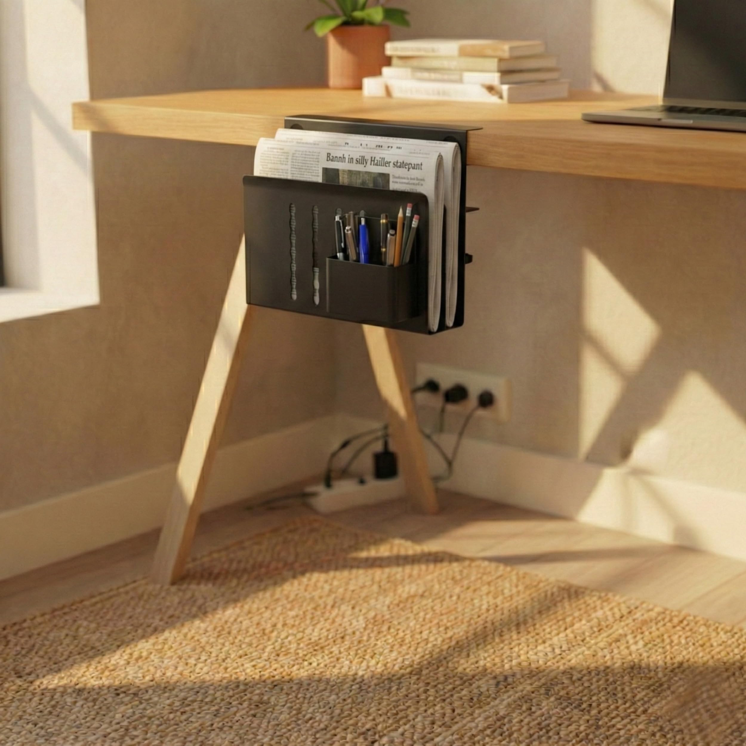 Spacetronik Schreibtisch Seitenaufbewahrung, Desk Side Storage mit Klemme | Ohne Bohren, Laptop Halterung Schreibtisch Seitlich Doppelfach aus Stahl mit Stiftehalter, Weiß, 30x30cm