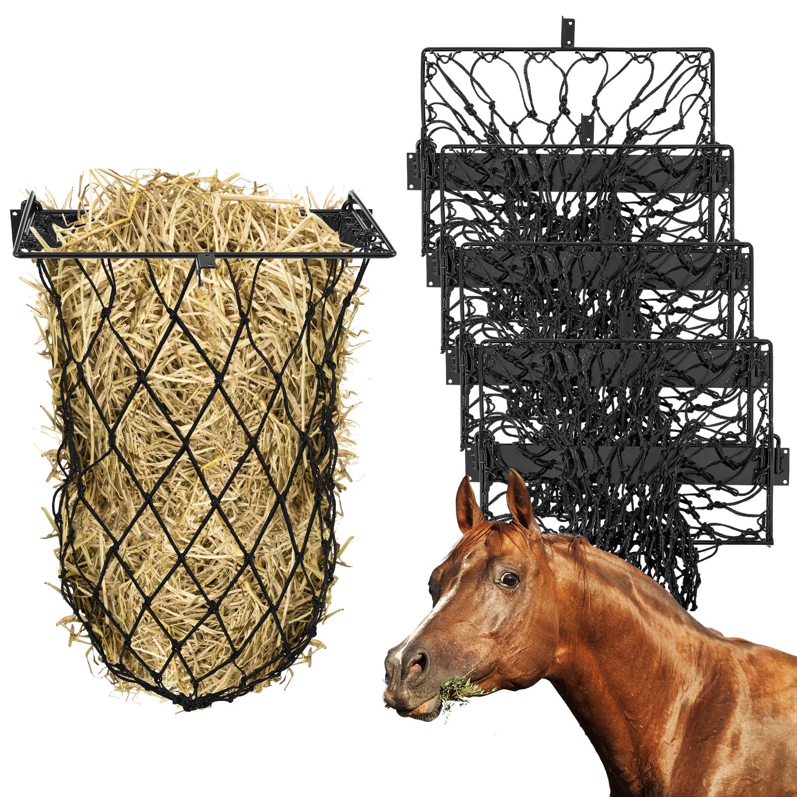 Yaocom 4 Set Wall Mount Hay Feeder with Net Collapsible Hay Rack with Net Slow Feeder for Horses Goats (Black)