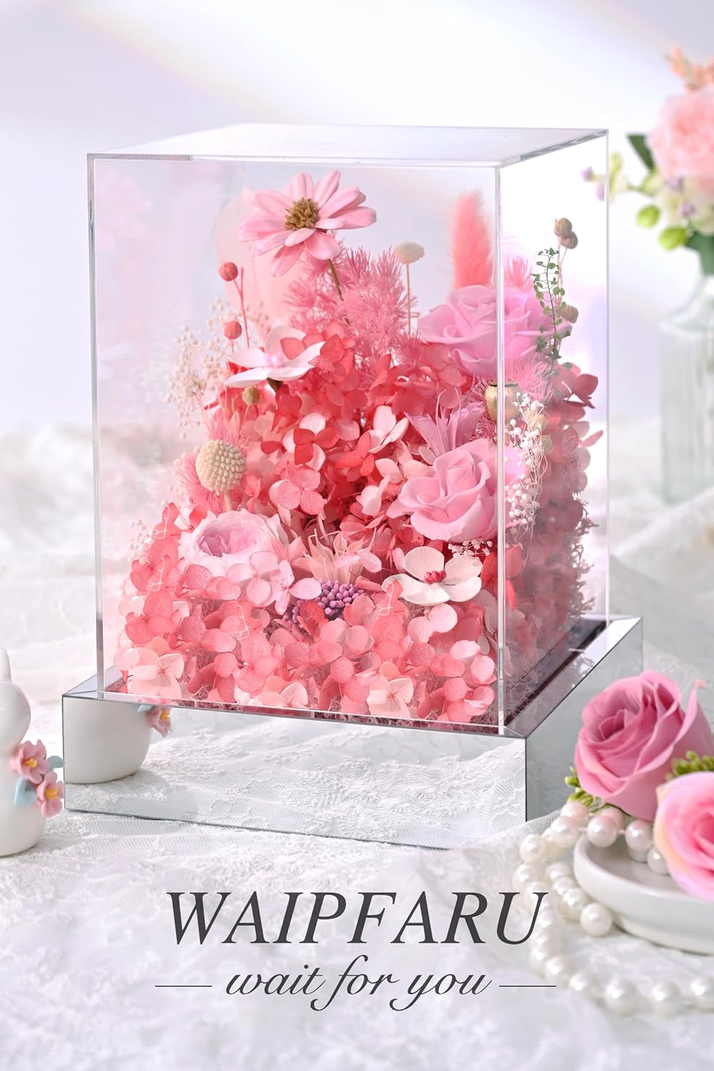Waipfaru Valentines Day Gifts for Her, Preserved Roses in A Box, Fresh Flowers Prime, Forever Eternal Flowers in Acrylic Display Case, Galentines Day Gifts for Women Mom Grandma (Pink) - Image 4