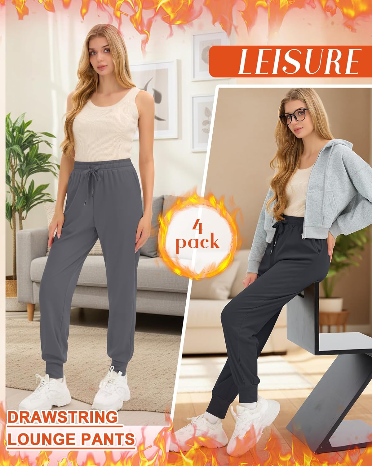 4 Pack Women's Fleece Joggers Winter Drawstring Lounge Sweatpants Thermal Workout Yoga Pants with Pocket - Image 5