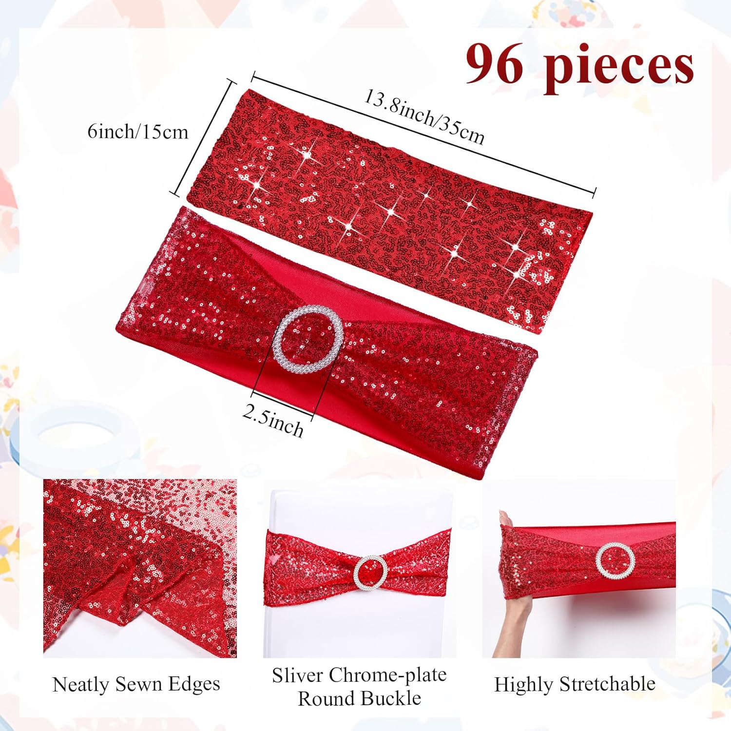 Newwiee 108 Pcs Red Sequin Chair Sashes and Table Runners, 96 Sequin Chair Bows, 12 Glitter Table Runners for Birthday Party Wedding Banquet Holiday Decorations
