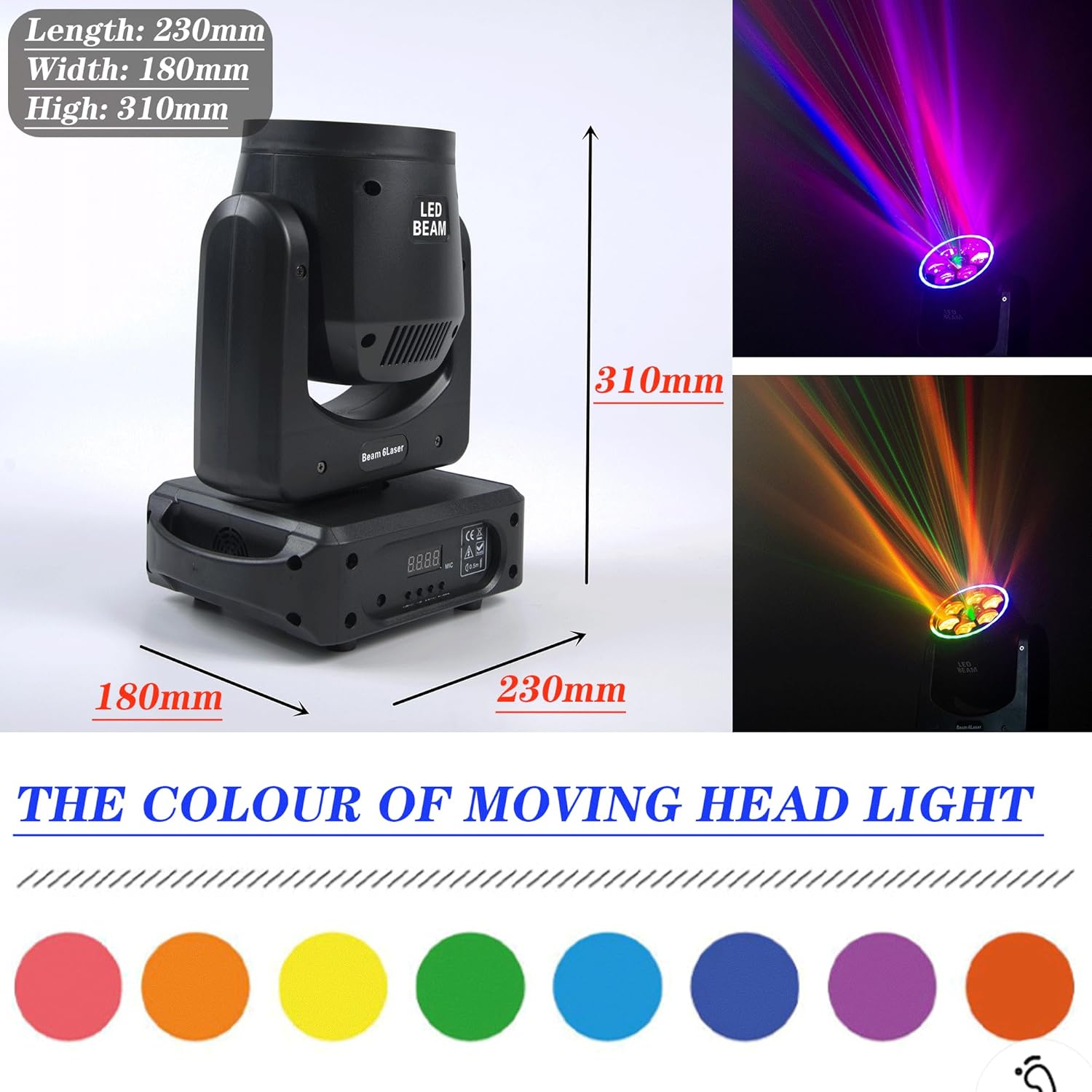 Dimensions of the moving head light and examples of color output.