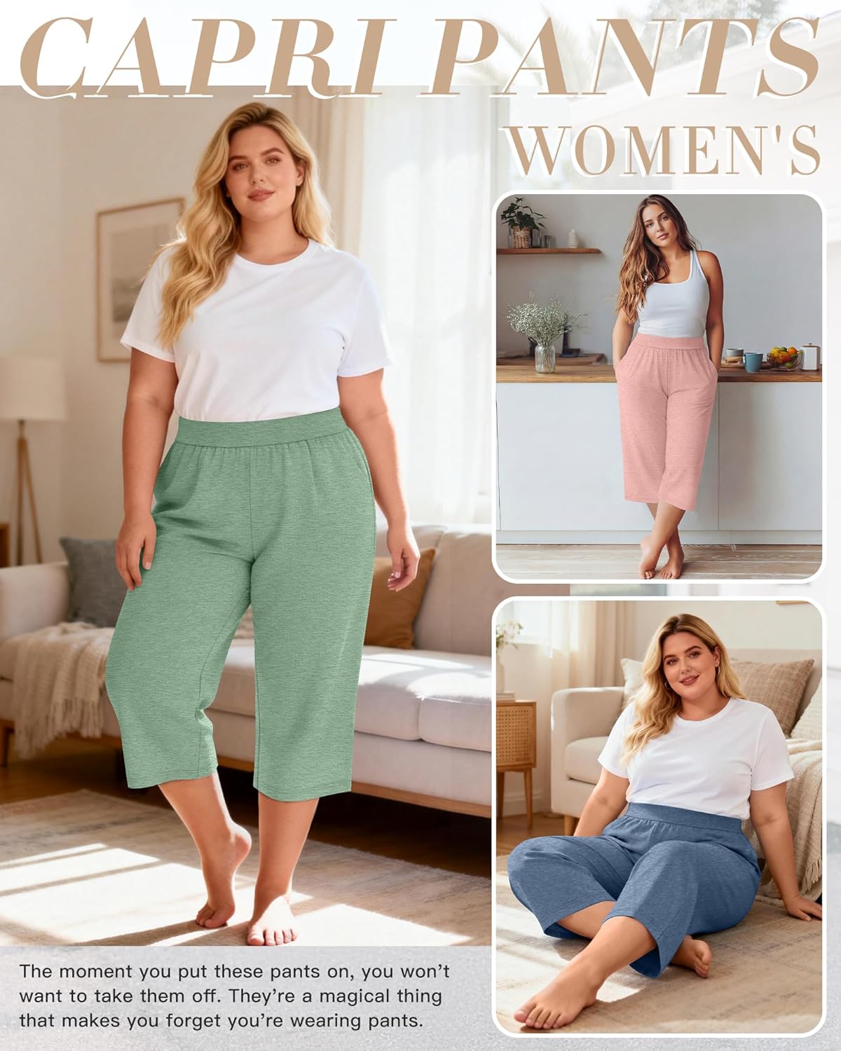 Huukeay 3 Pack Women's Plus Size Capri Pants Loose Fit Wide Leg Capris Sweatpants Summer High Waisted Yoga Pants with Pockets - Image 3