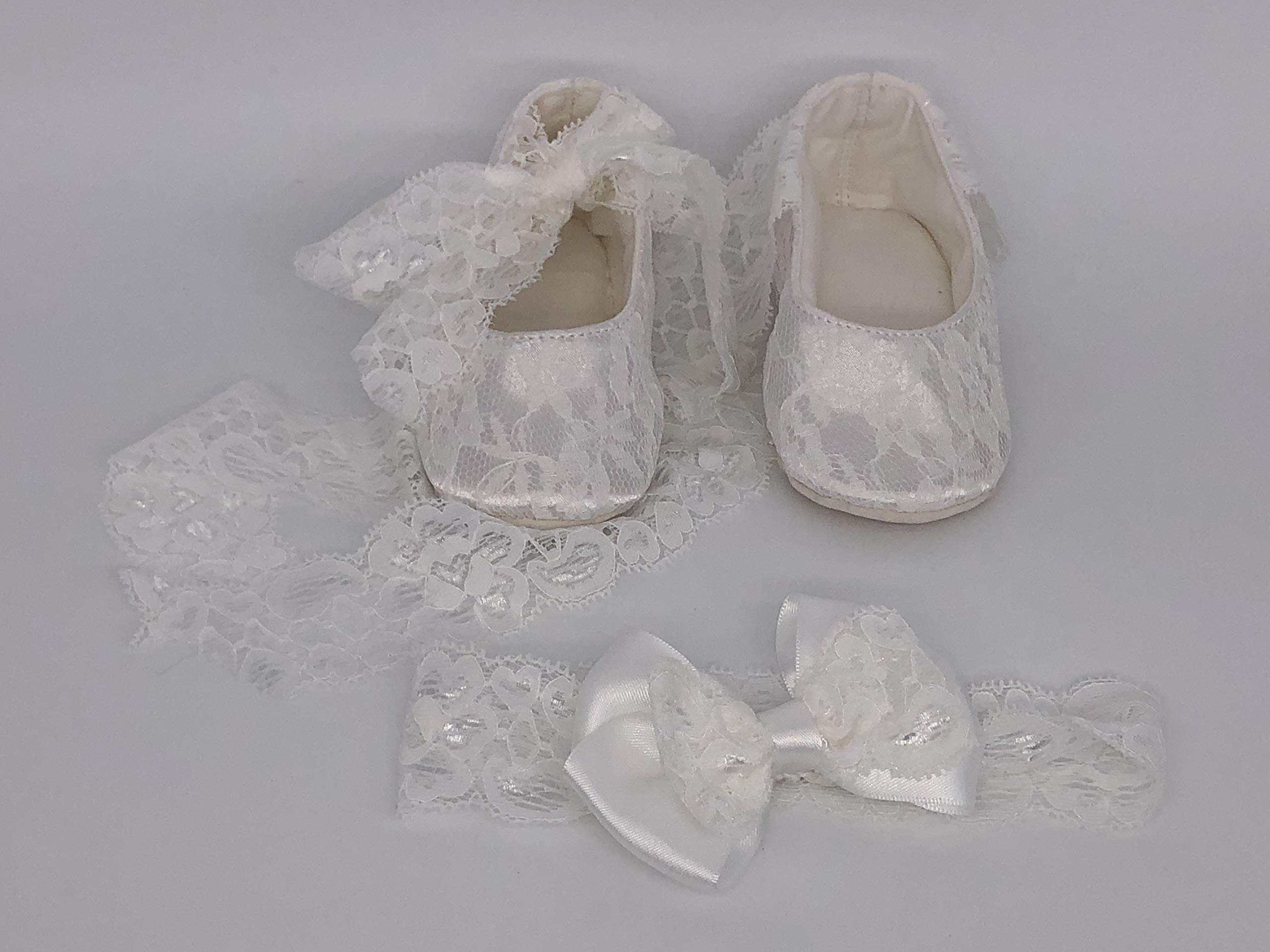 SET PIZZO FASCIA CAPELLI E BALLERINE IN PIZZO BIANCO BAMBINA NEONATA SCARPINE SCARPE ELEGANTI BATTESIMO CERIMONIA NASCITA 11 CM Brillabenny (6-9 Mesi)