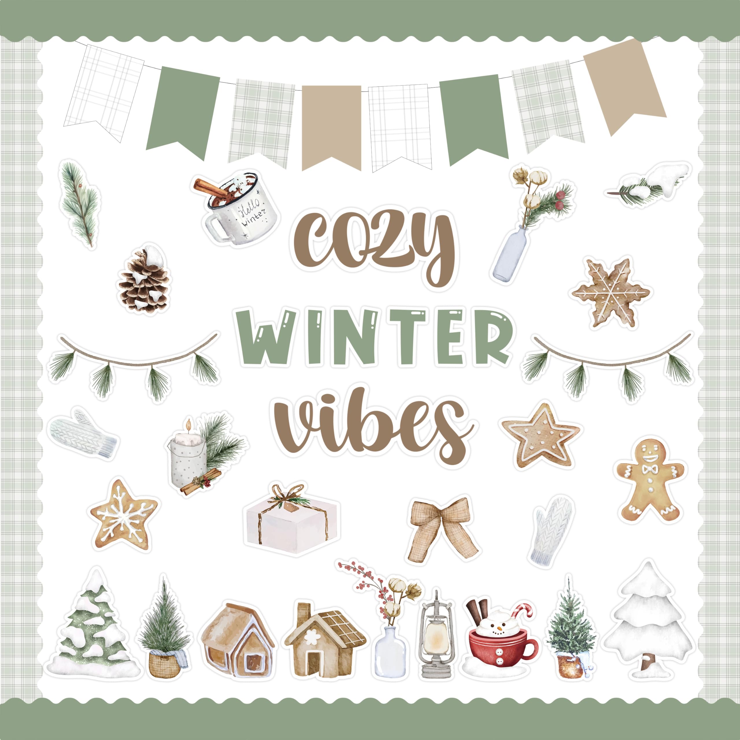 CPicdn 109Pcs Cozy Winter Vibes Bulletin Board Classroom Decoration Set, Christmas Snowflake Snowman Cookies Cutouts Name Tags, Watercolor Boho