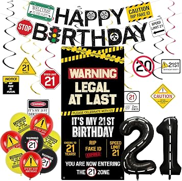 Roetyce 21st Birthday Party Decorations, Black Happy 21st Birthday Banner Backdrop Balloons Hanging Swirls for Her Him, Caution Logo Themed 21 Years Old Party Yard Door Wall Cover Background