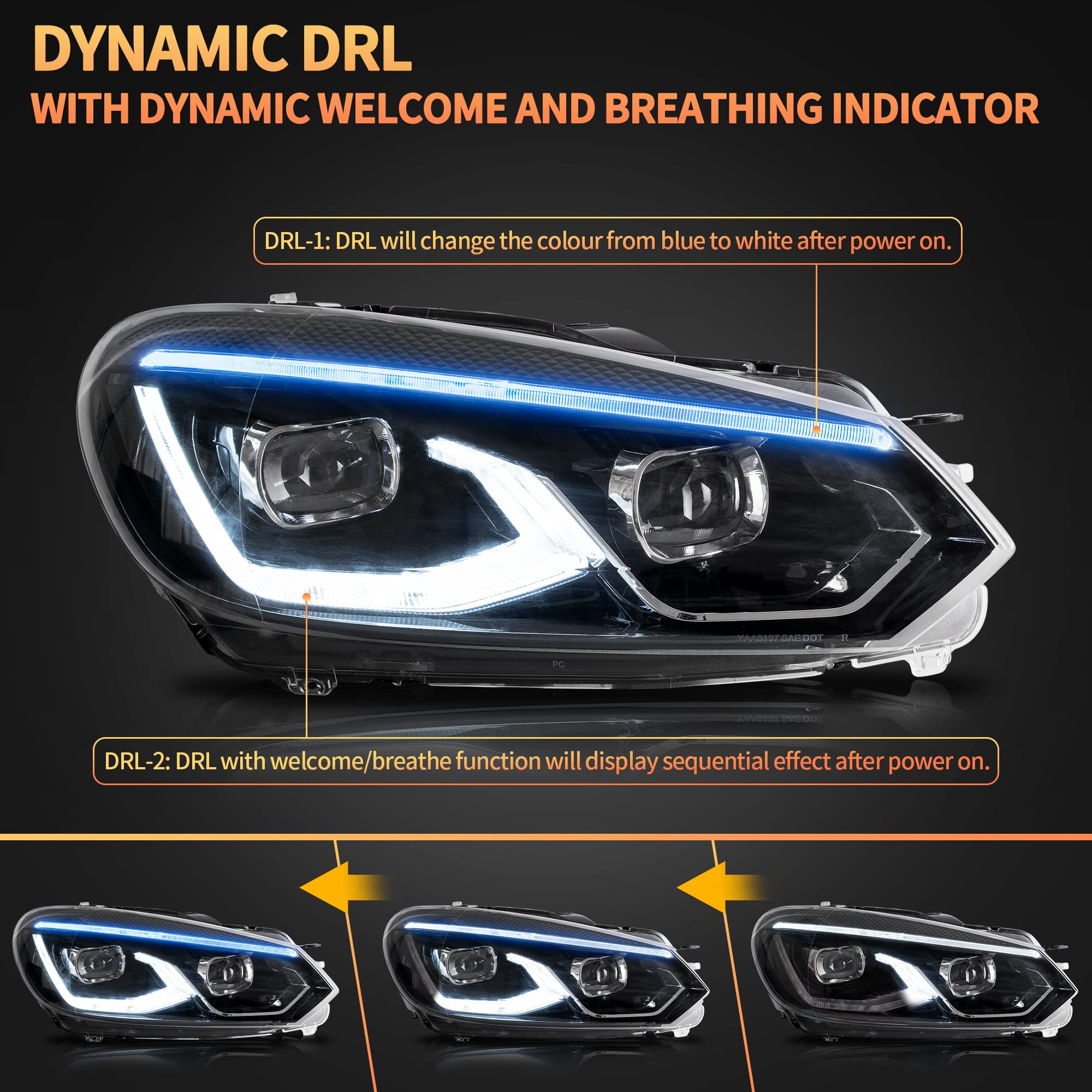 VLAND Reflektory Full LED do Golf 6 TSI halogenowe 2008-2013 [nie do ksenonu/GTI/R/TDI], przednie światła z wyświetlaczem dynamicznym, 1 para