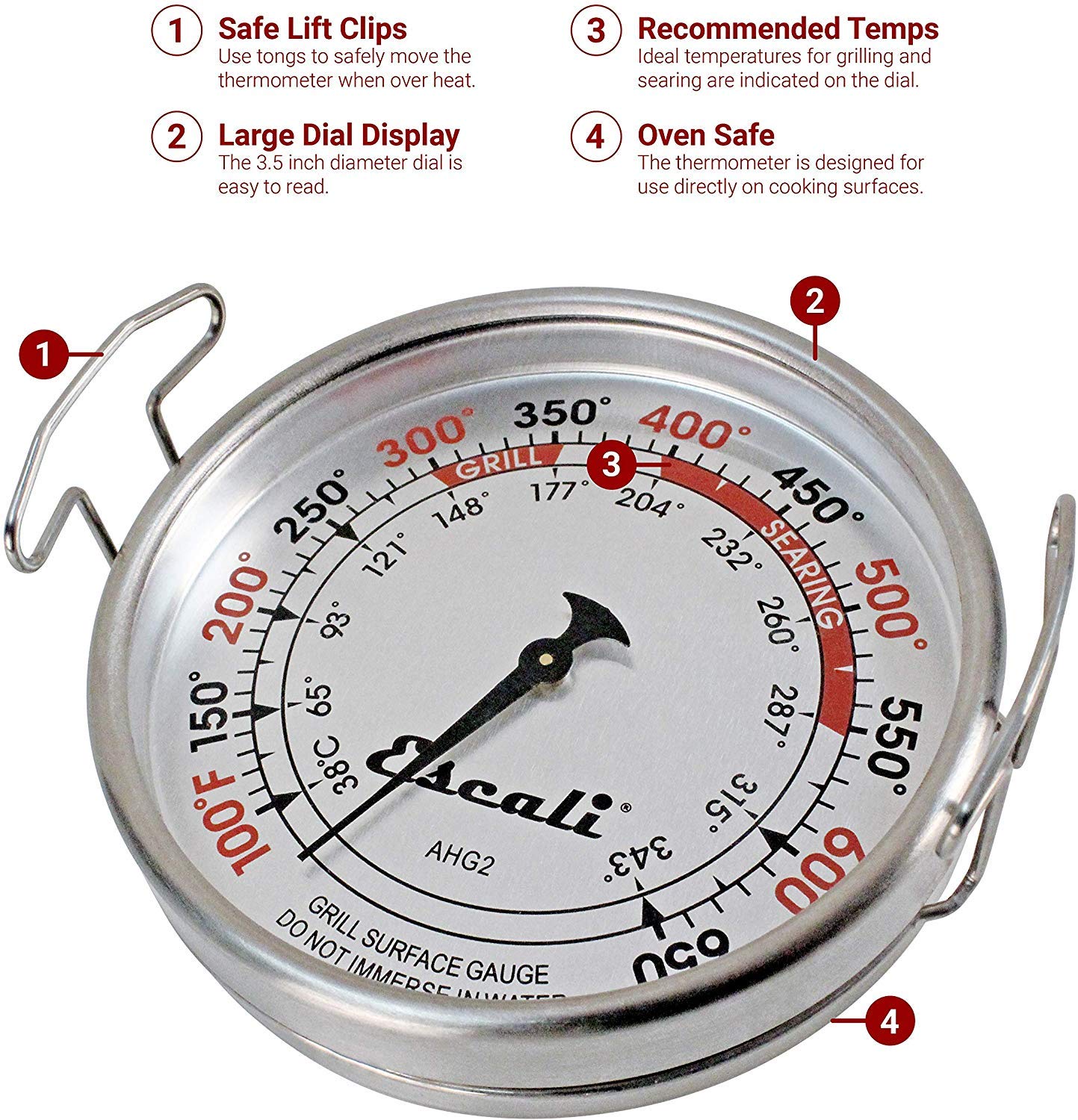 Escali AHG2 Stainless Steel Extra Large Direct Grill Surface Thermometer, Searing Temperature Zones 100-600F Degree Range