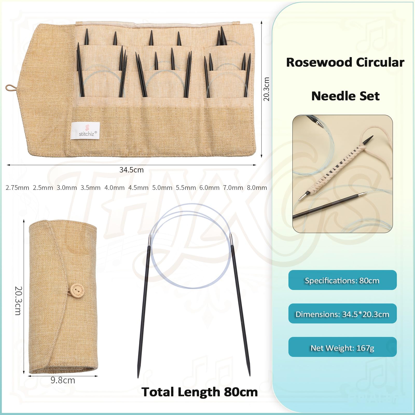 Juego De 11 Agujas Circulares De Madera De 2,5-8 Mm Para Tejer, De Palisandro, Con Bolsa De Almacenamiento, Para Tejer Circular Sin Costuras, Suave Y Flexible, Para Tejer Todo Tipo De Lana