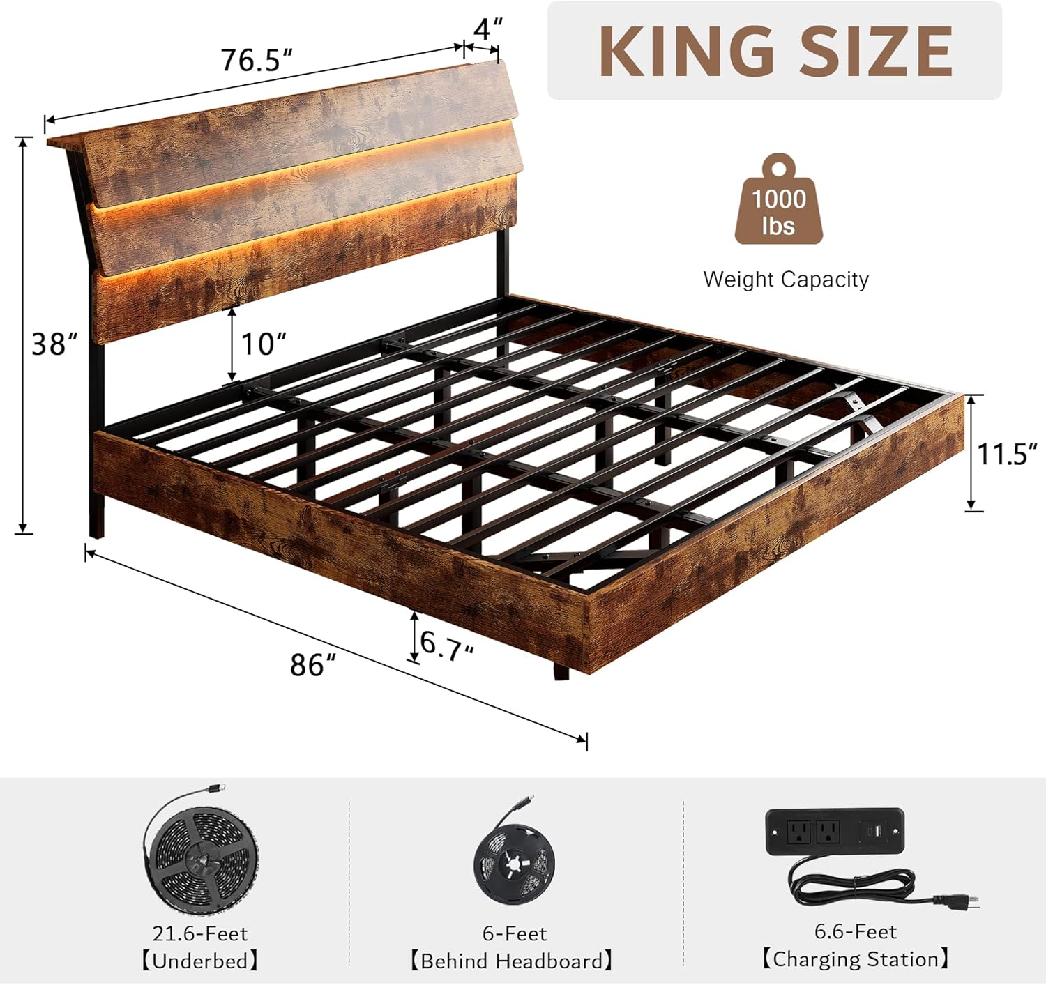 iPormis King Size Floating Bed Frame with LED Lights & Charging Station, Platform Bed with Wooden Storage Headboard, Steel Slats Support, No Box Spring Needed, Easy Assembly, Noise-Free, Vintage Brown