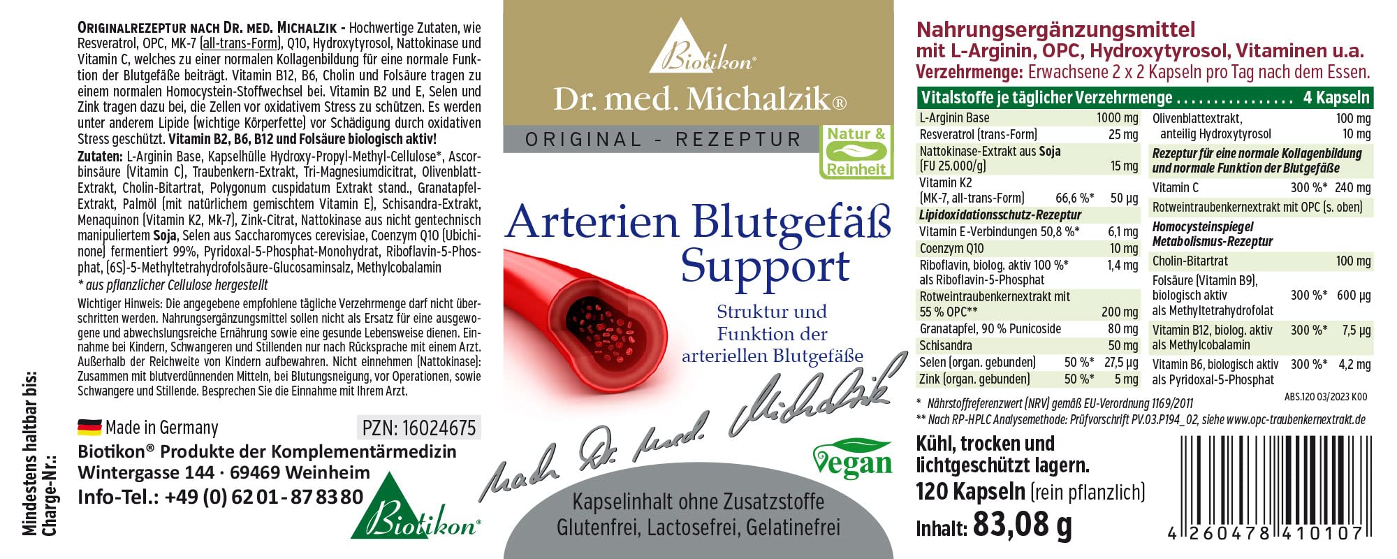 Arterien Blutgefäß Support Dr. Michalzik, 1000 mg L-Arginin, 120 Kapseln | Mit L-Arginin, OPC Traubenkernextrakt, Resveratrol und Nattokinase • eigene deutsche Produktion • ohne Zusätze
