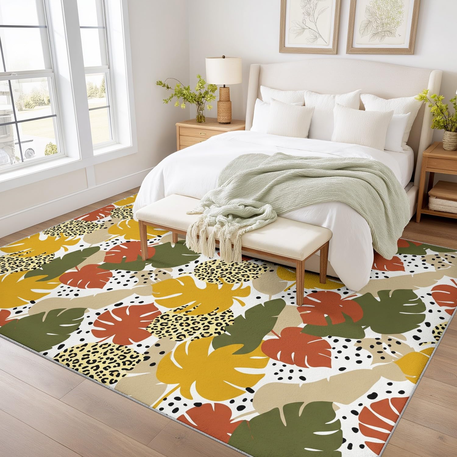 Tappeto per soggiorno, moderno, 120 x 170 cm, lavabile, antiscivolo, morbido, a pelo basso, antimacchia, motivo con foglie, decorazione per interni
