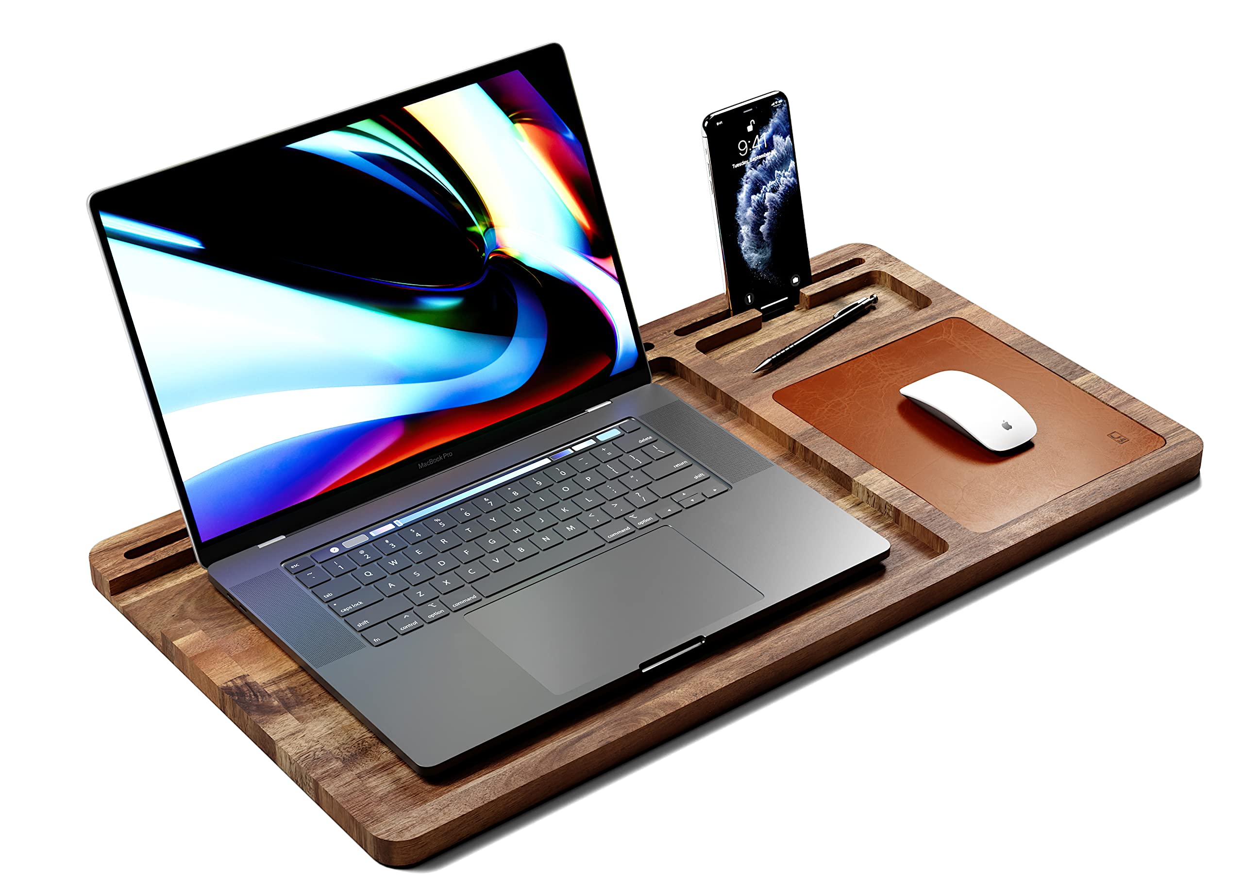 lula Tappetino per laptop in legno di acacia – con grande tappetino per mouse in pelle e pratico supporto per notebook, tablet e telefono; tavolo portatile per laptop in casa o come tavolo da letto a