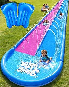 Spring Water 32ft Inflatable Slip and Water Slide for Kids, 2 Racing Lane Giant Slip n Water Slides for Backyard Heavy Duty with 2 Bodyboards, Outdoor Summer Water Toys Funs Sprinkler