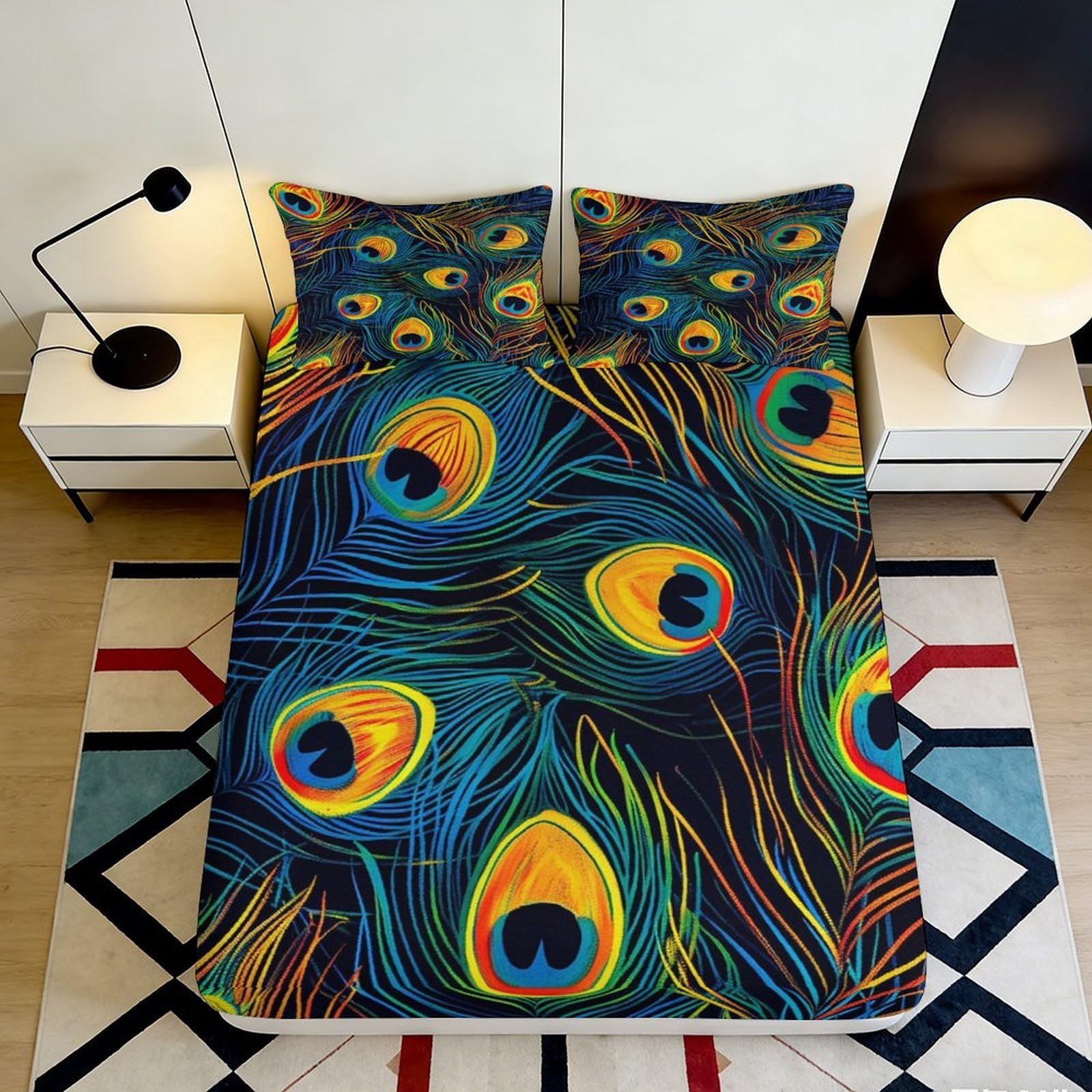 3D Printed Peacock Feather Fitted Sheet Microfiber Soft Non-Slip Mattress Cover for Bedroom Guest Room Decor 180x200x25cm