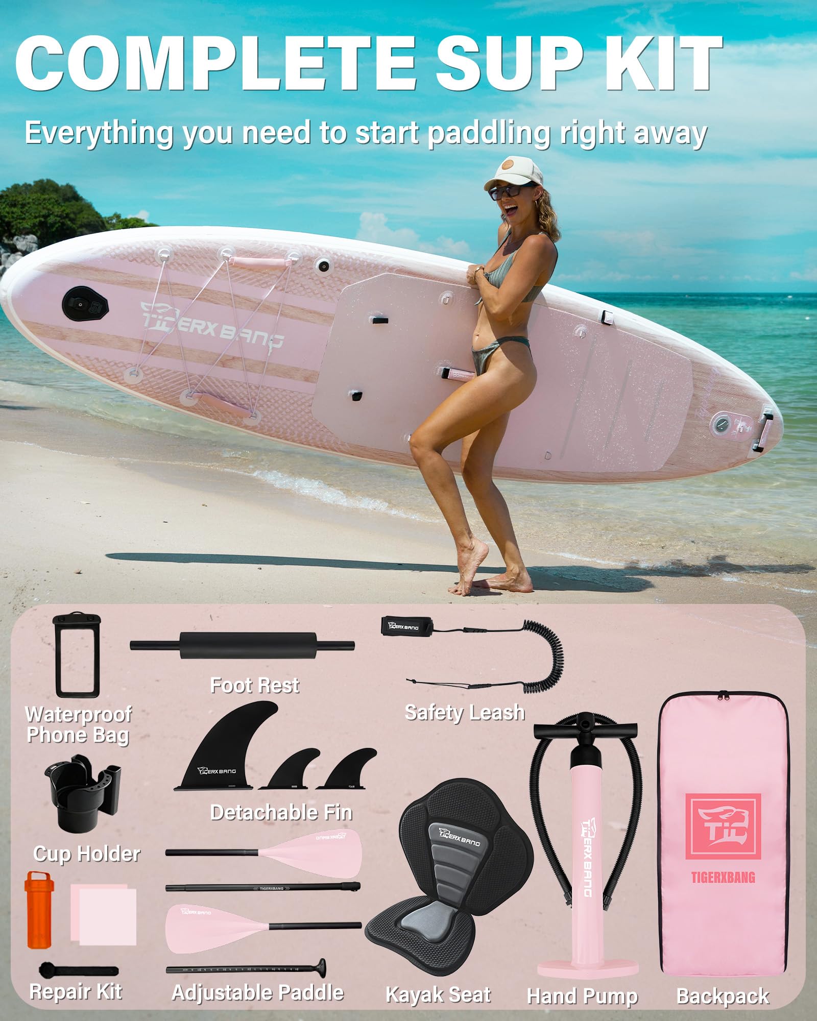 TIGERXBANG Nadmuchiwana deska SUP z akcesoriami do deski SUP, antypoślizgowy pokład EVA, deska do wiosłowania stojąco 335 cm/320 cm, dla dorosłych i młodzieży – wszystkie poziomy umiejętności, różowa