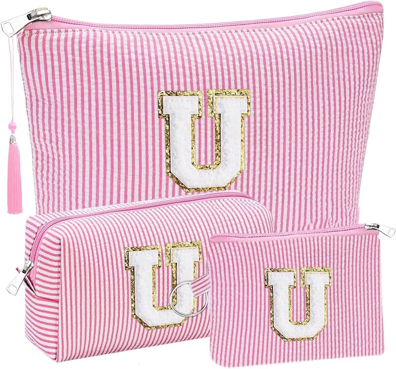 Conjunto com 3 necessaires para cosméticos Adoryoung, letra U, rosa
