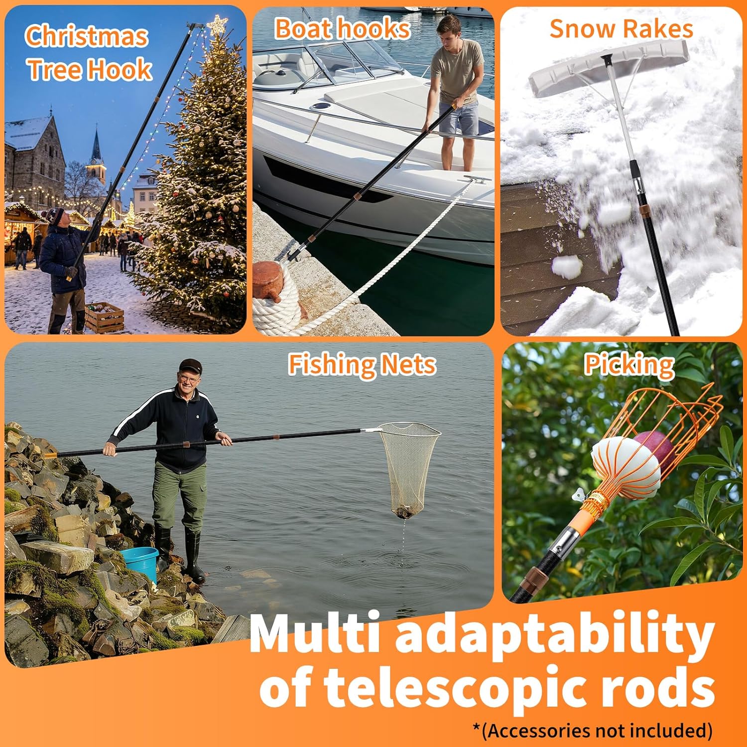 20FT Heavy-Duty Fiberglass Telescopic Extension Pole - High Stiffness, Non-Conductive, Twist Lock for Electrical Rescue, Indoor Cleaning, Pool Washing,Paint,Boat Hooks&Flags- Universal Threaded Tips