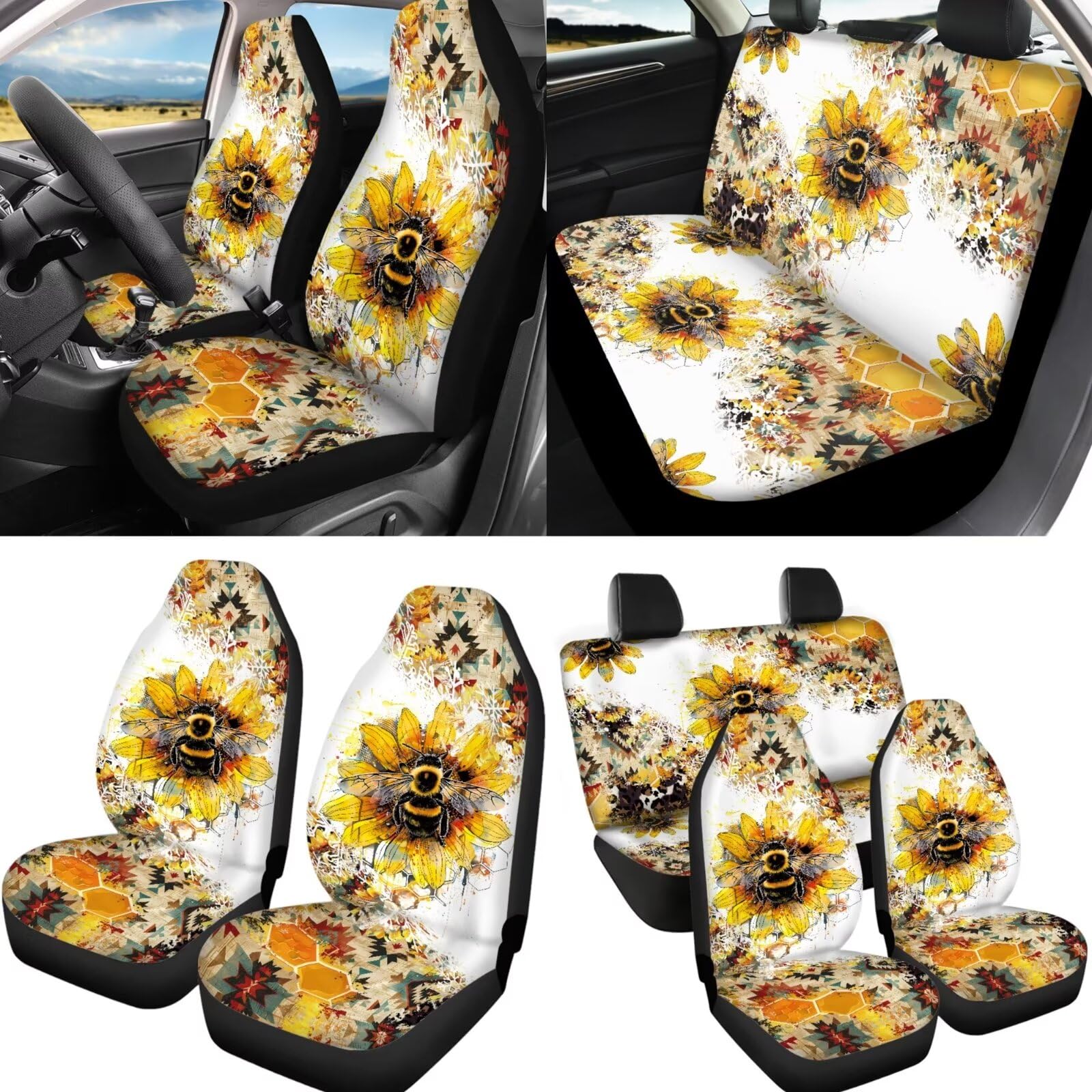 FUIBENG Bee Car Seat Covers 12Pcs Sunflower Bee Auto Seat Protection Accessories Full Set with 15Inch Steering Wheel Covers Seatbelt Pad Keychain Coaster Armrest Pads Vehicle Interior Set
