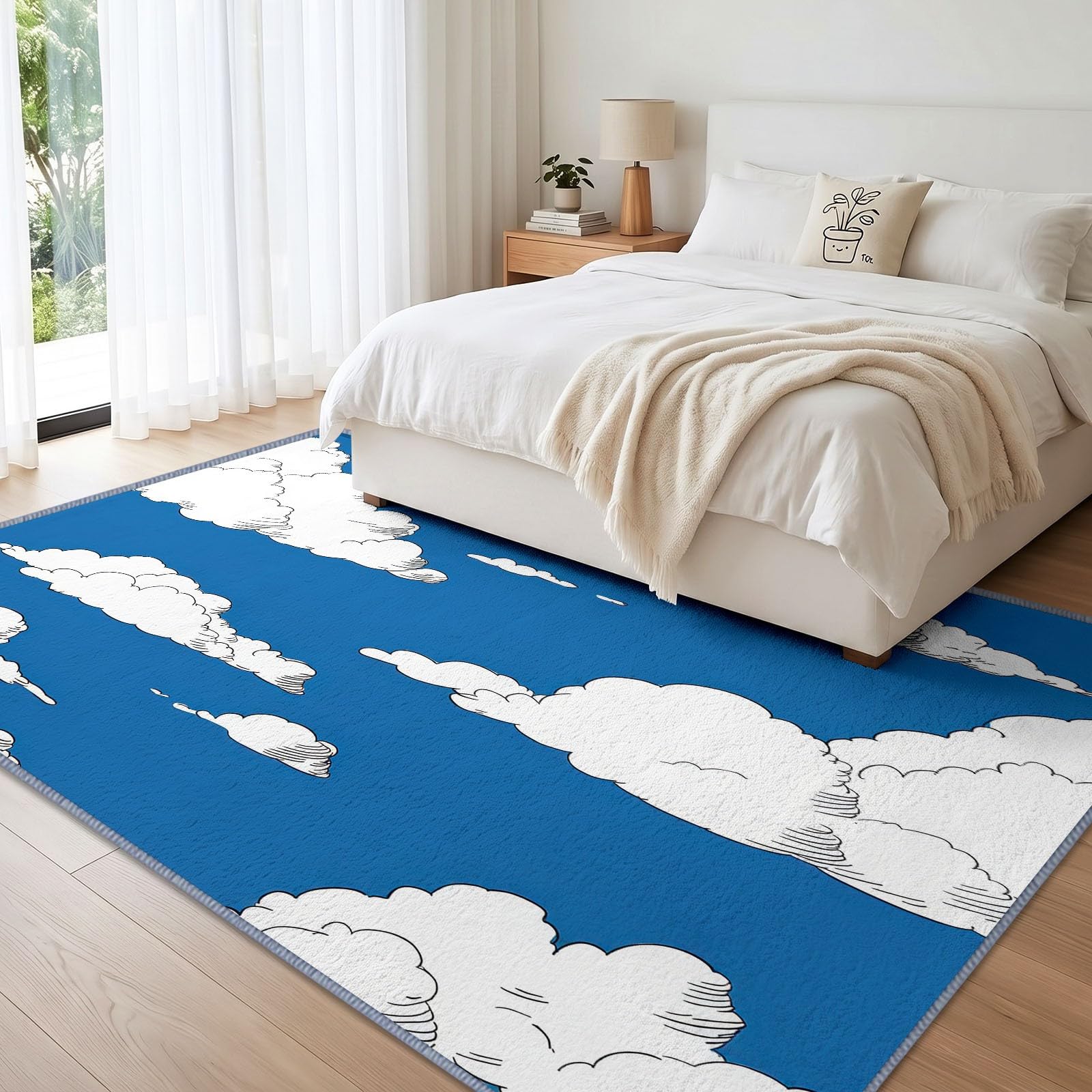 Tappeto lavabile in stile acquerello con cartoni animati per soggiorno, 80 x 150 cm, motivo: cielo blu, nuvole bianche, antiscivolo, a pelo corto, per camera da letto, sala da pranzo, cucina, casa e