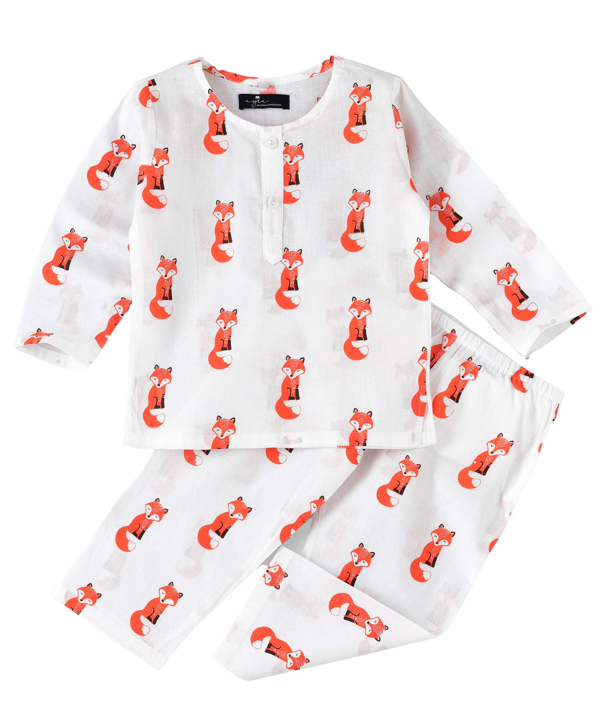 Ayra EthnicAyra Unisex Pure Cotton Full sleeves cute Fox Design Night Suit for Boys and Girls Top and Bottom Pyjama Combo Sleep Wear/Night wear- Soft & Breathable - Fox Design (Multicolor)