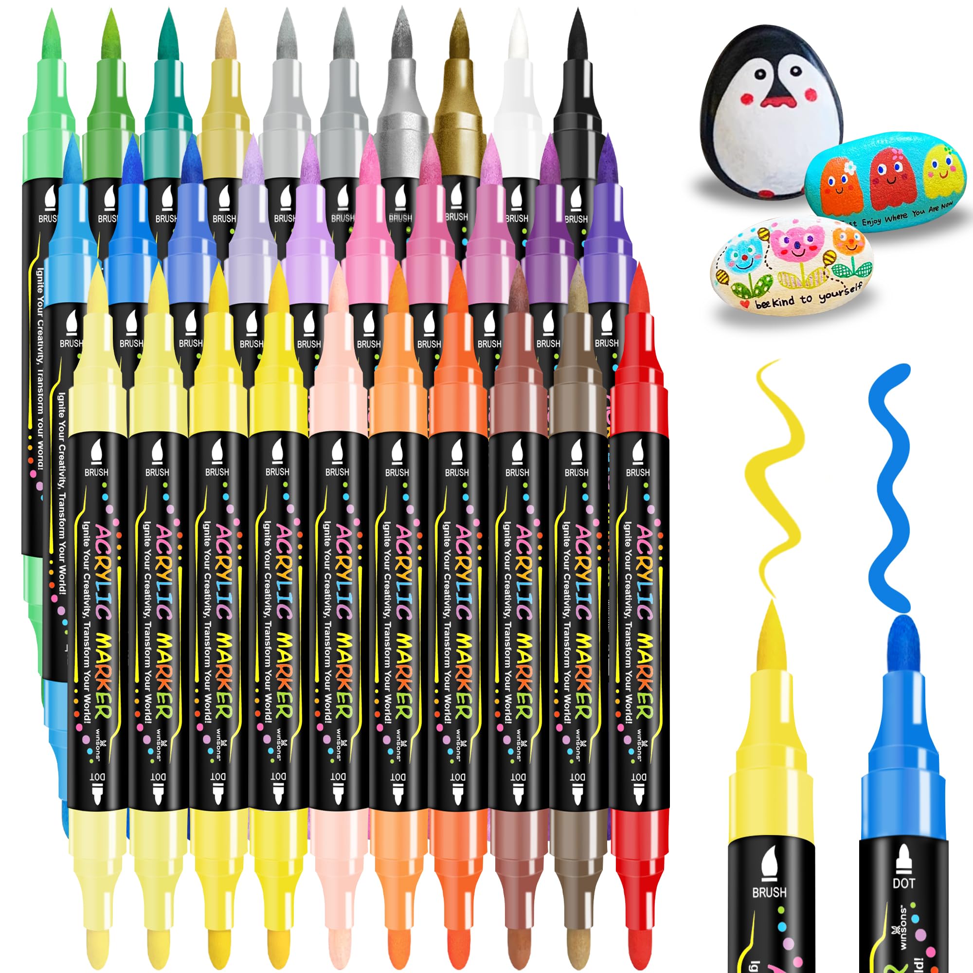 WINSONS Rotuladores de pintura acrílica, 30 colores, doble punta, rotuladores, no tóxicos, secado rápido para roca, lienzo, cerámica