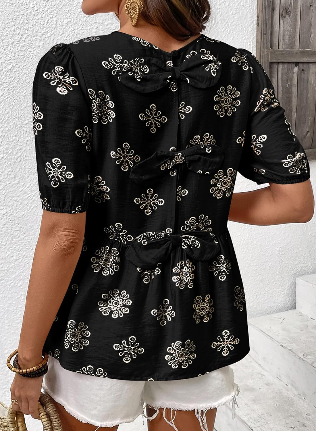 BLENCOT Women's Babydoll Peplum Tops Boho Puff Short Sleeve Bowknot Back Shirts Cute Summer Blouses - Image 4