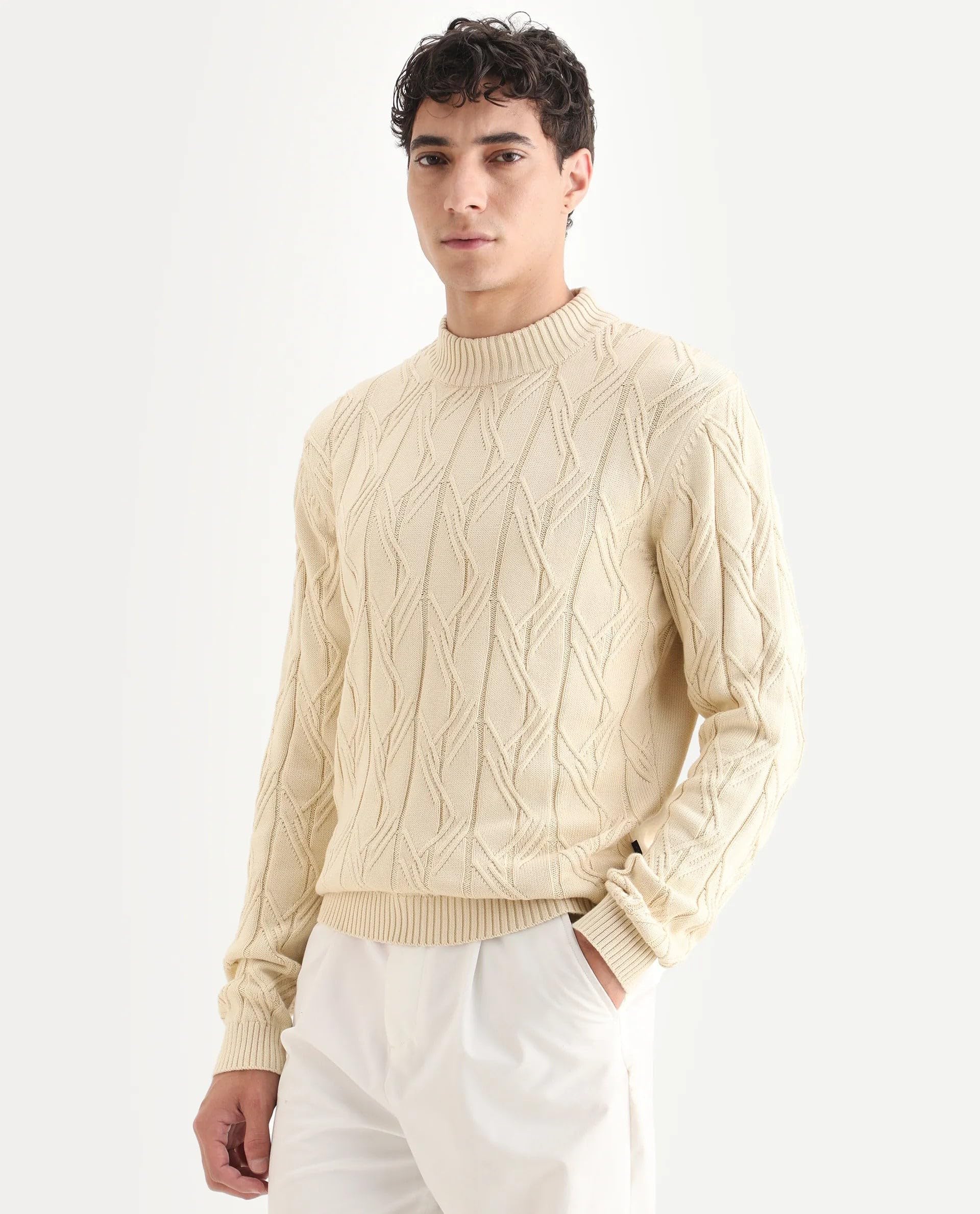 Rare Rabbit Men's Caloz Yellow Cotton Textured Regular Fit Full Sleeve High Neck Sweater 2