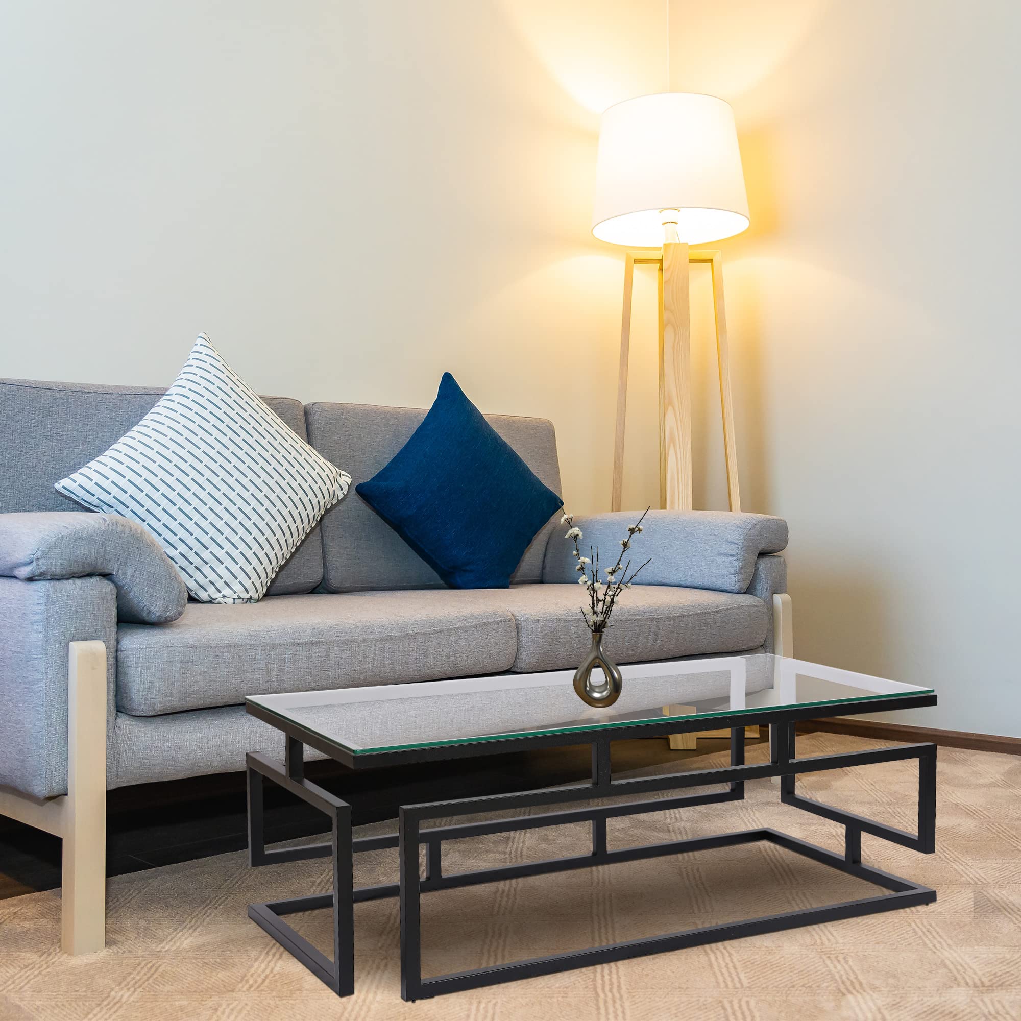 RIGID Metal Coffee Table with Steel Frame and Glass Top, Modern Long Sofa Center Table for Living Room, Reception, Lounge, Home & Office Decor (Black, 60D x 120W x 45H CM) – Assembled