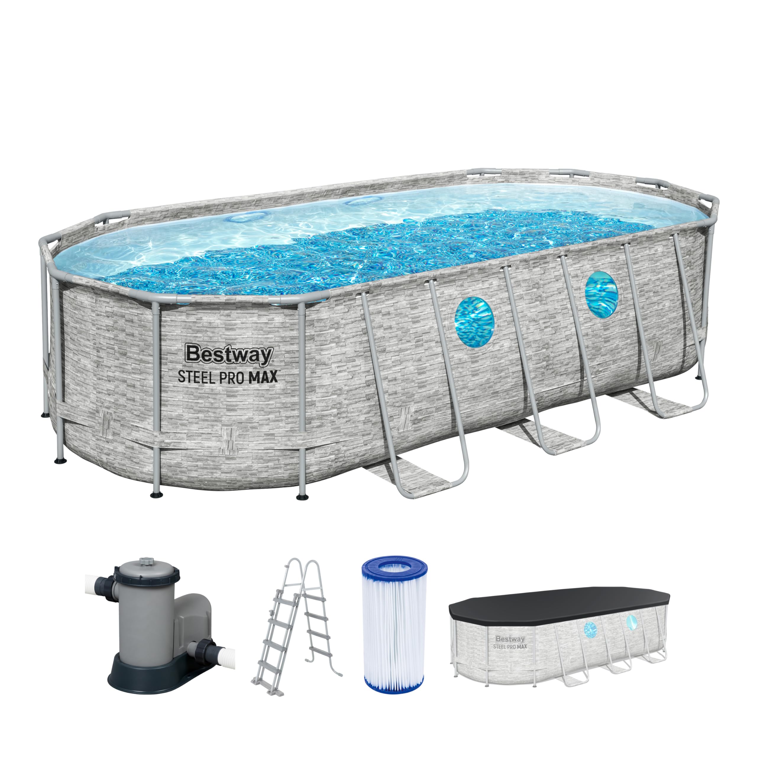 Bestway 56716-7 Set piscina fuori terra ovale Steel Pro MAX Splashview - 5,49 m x 2,74 m x 1,22 m, grigio effetto pietra