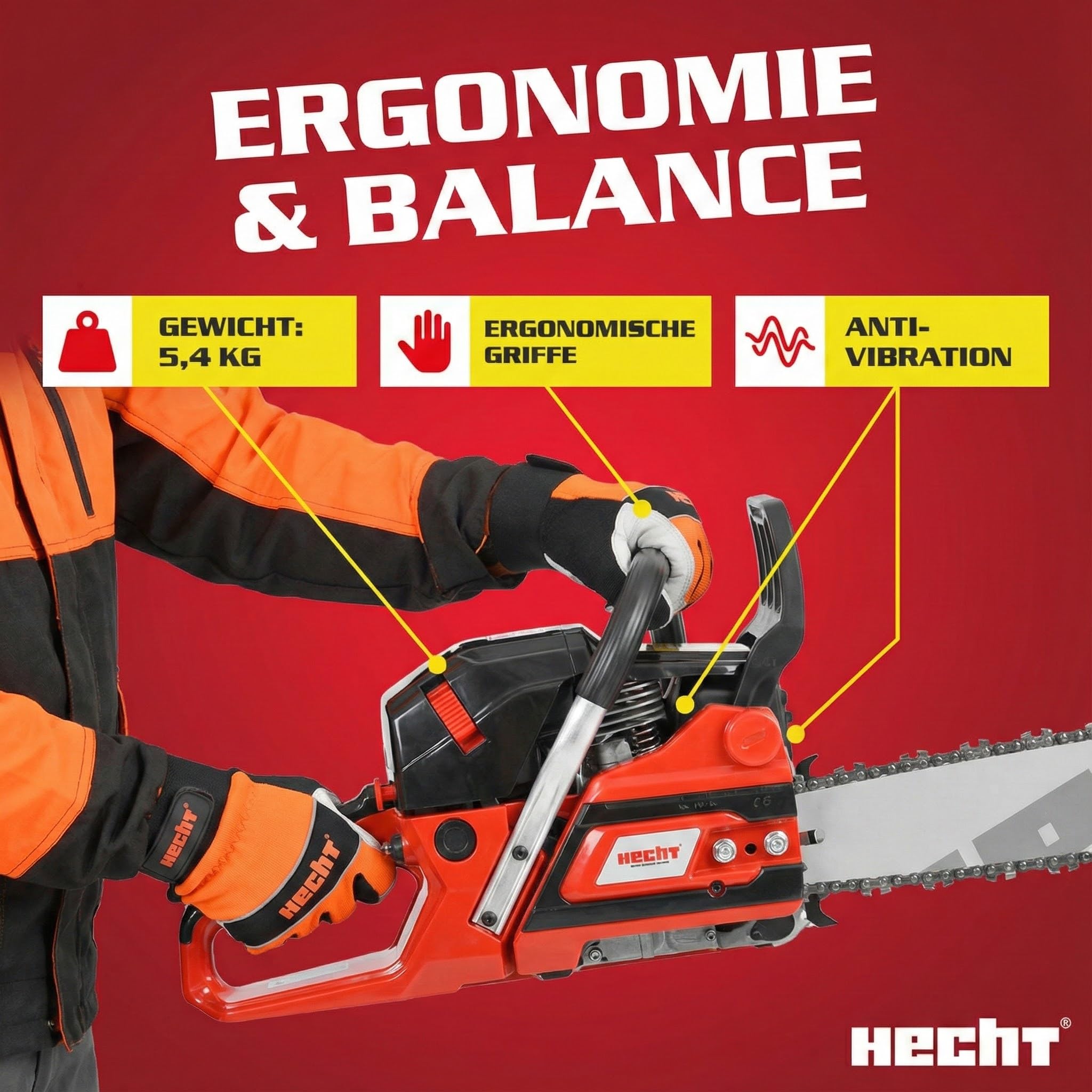 HECHT Benzin Kettensäge 62 cm³ 4 PS mit 50 cm Schwert