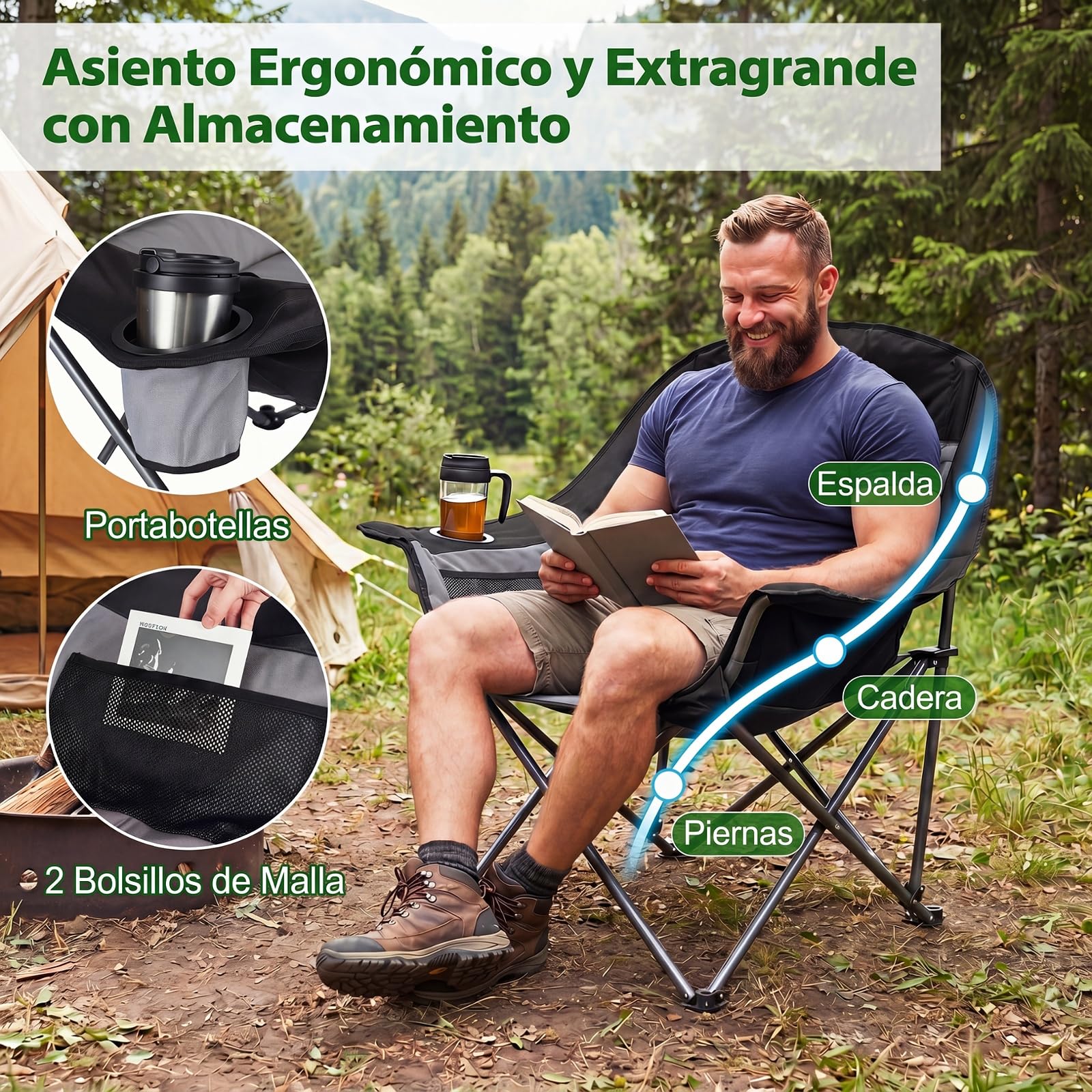 COSTWAY Silla de Camping Extragrande y Acholchada, Silla Plegable Portátil con Bolsillos Laterales, Portavasos, Bolsa de Transporte, Playa Pesca, Carga 225 kg,72 x 104 x 93 cm (Gris)