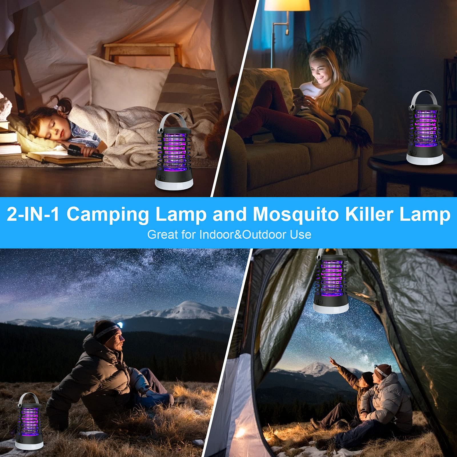 Insektenvernichter Elektrischer USB mit Wasserdicht IP66 - Kompakte Akku Mückenlampe für Camping, 3 Lichtmodi + 50h Laufzeit, Leicht & Tragbar für Outdoor, Zelt und Garten,Schwarz