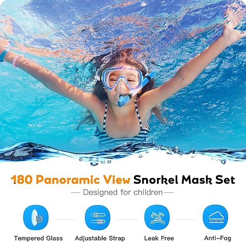 Miniatura 2 de Juego de esnórquel para niños, máscara de esnórquel con parte superior seca para niños, máscara de buceo con vista panorámica antivaho, equipo de