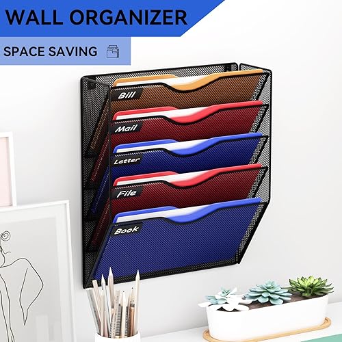 Miniatura 9 de GDINDINFAN 3 bolsillos de malla para colgar archivos de pared, organizador de archivos, estante de papel montado en la pared, color plateado