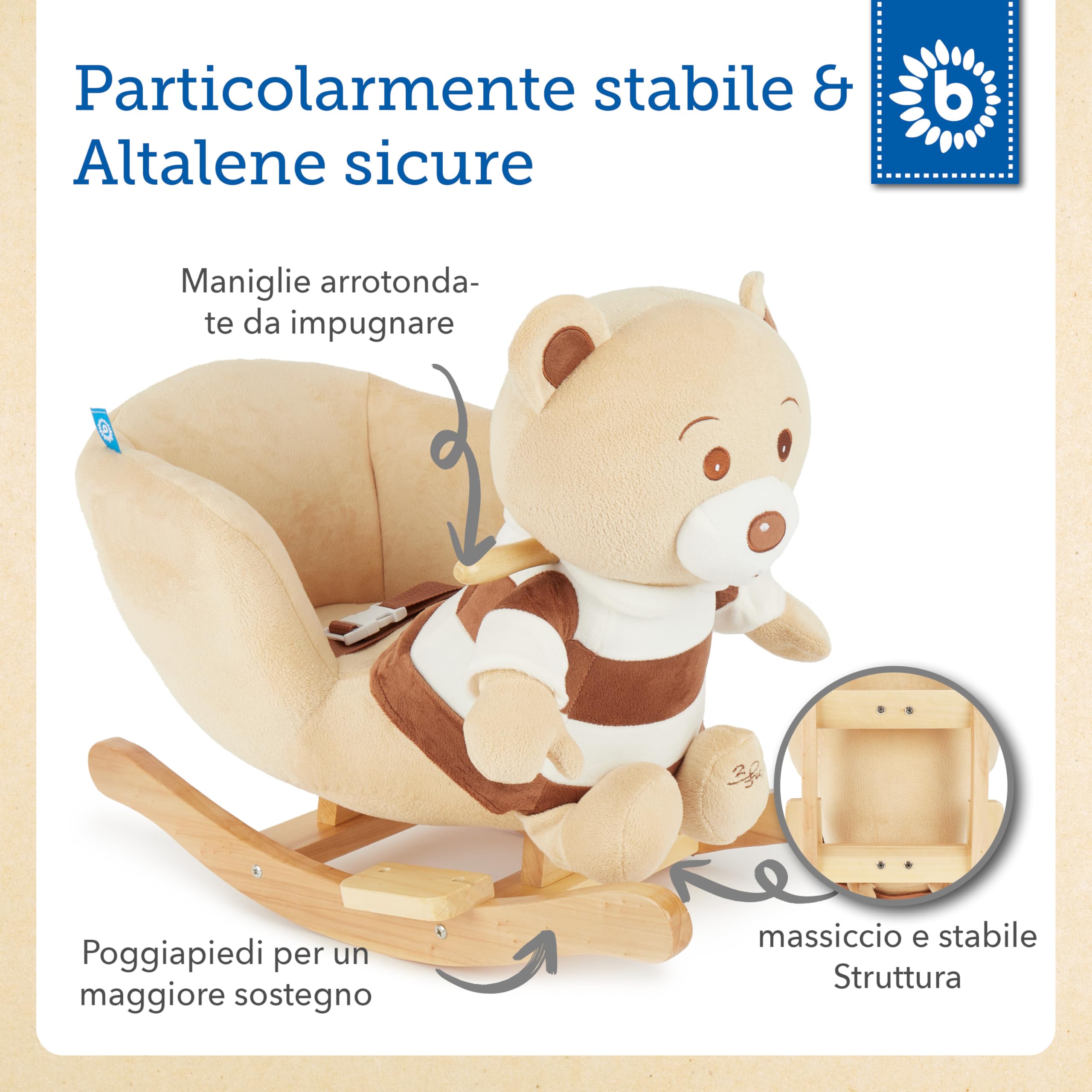 Bieco 74004003 - peluche a dondolo Bubu orso, marrone, per bambini sedia a dondolo, sedile e schienale, altalena peluche per neonati e bambini di circa 60 x 30 x 50 cm