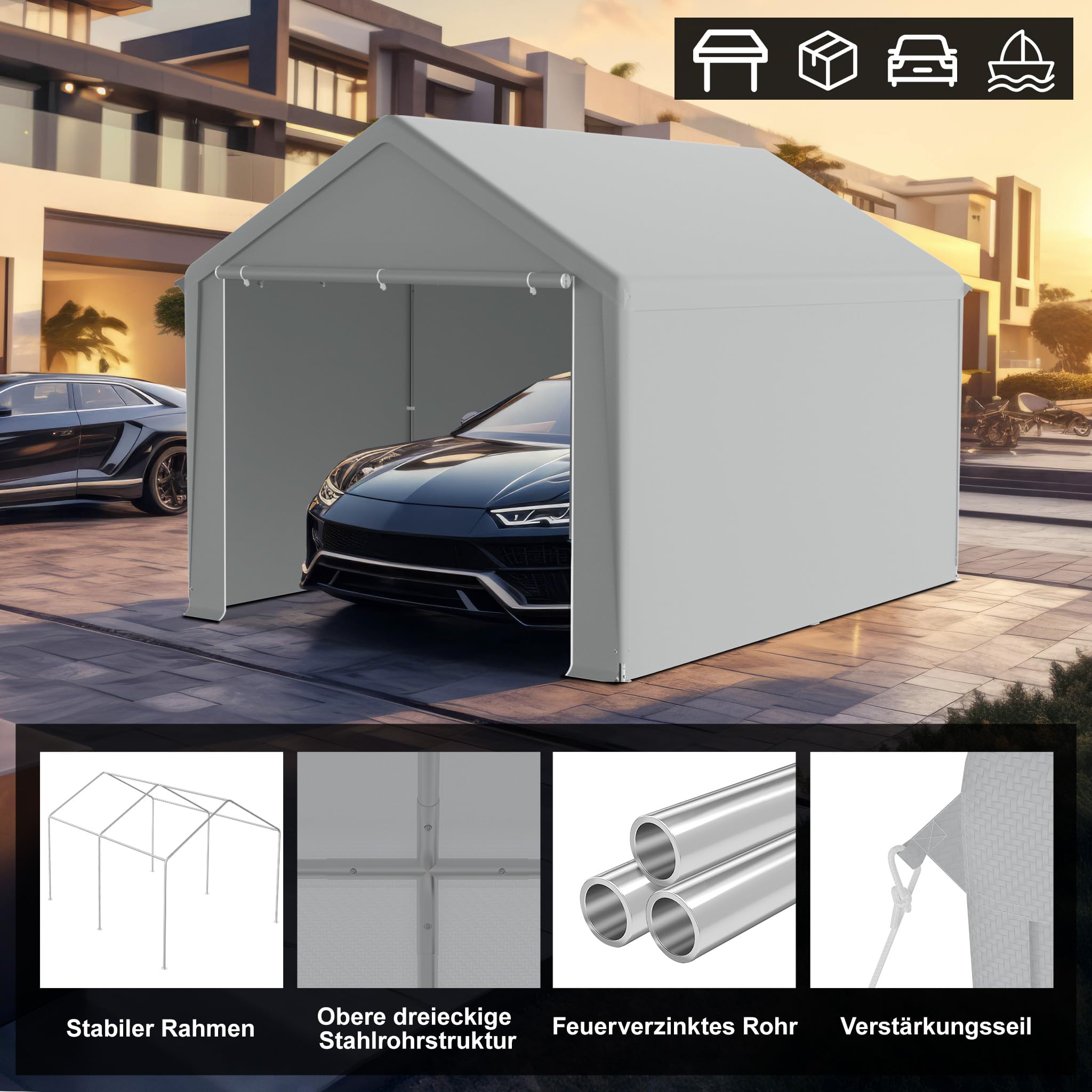 FIVMEN Carport - Tienda de campaña de 3 x 4 m, con paredes laterales extraíbles, resistente al invierno, para coche, SUV, camión, color gris