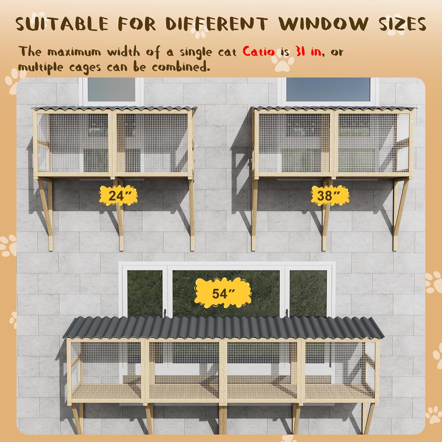 Cat Catio Window Perch for Large Cats - Outdoor Cat Enclosure Window, Catio Window Box Hommock for Inside Cats Sunbathing, Napping, Wooden Kitten Cage for Patio Sights (Burlywood, 82.6" L)
