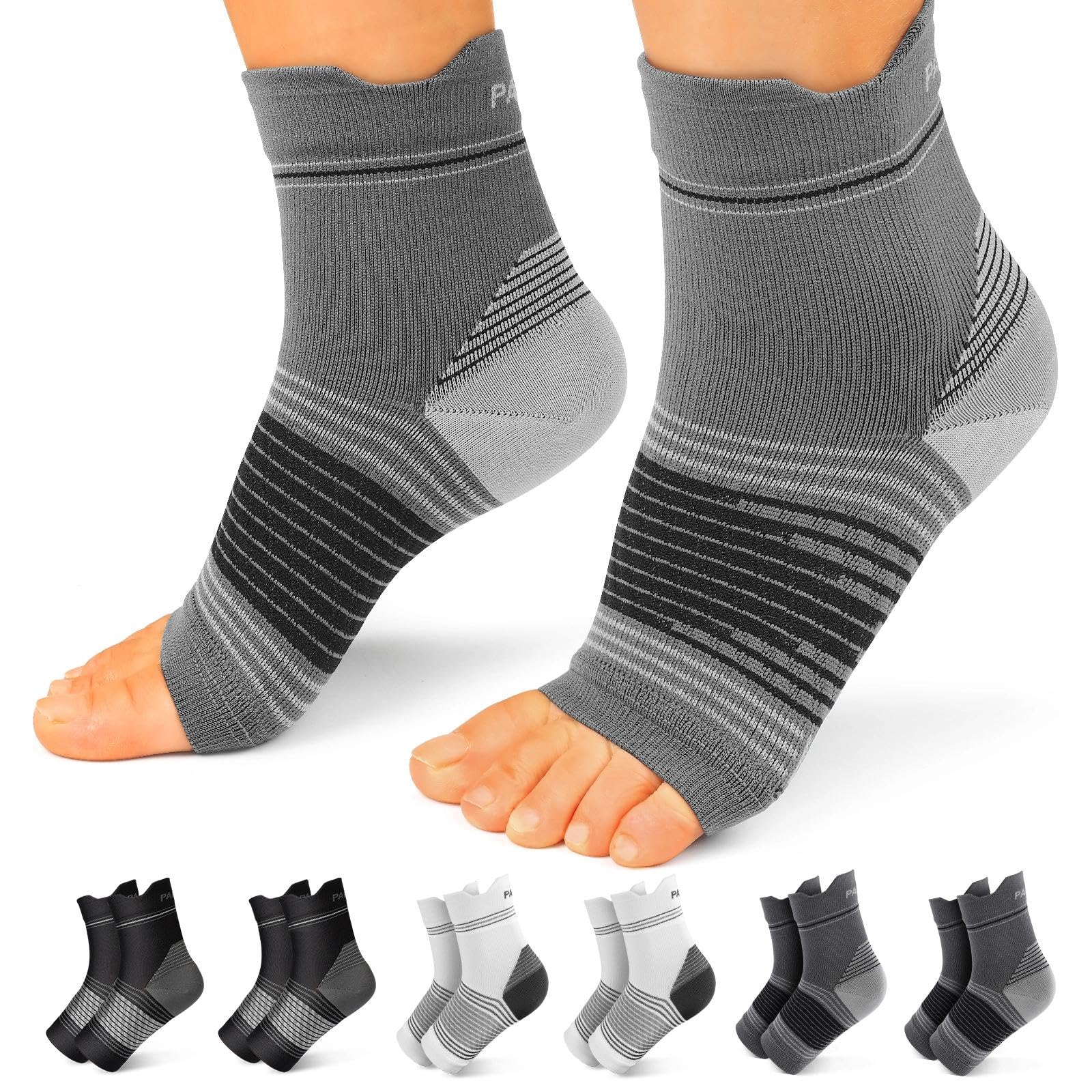 PAPLUS Calcetines para fascitis plantar (6 pares) para hombres y mujeres, mangas de compresión para pies con soporte de arco y tobillo (negro, gris, blanco, L)